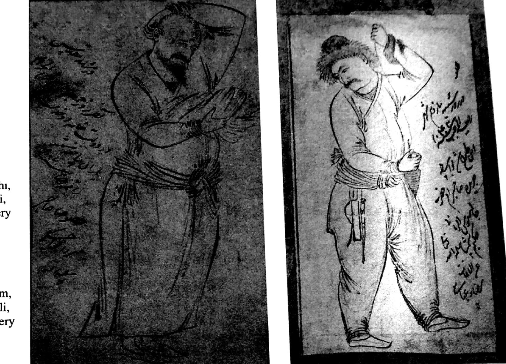 Riza-i Abbasi’nin oglu Muhammed Safi Abbas? tarafindan yapilmis Yusuf’u Ziileyha’nin sarayinda betimleyen kalem-i_siyaht teknigiyle yapilmis bir resim giintimiize ulagmustir (British Museum, no.1948 2-1404).°° Bu resmin boyutlan ve karton tizerine yapildigi dikkate alindiginda, bir duvar resmi eskizi olabilecegi diistiniilmiistiir.°” Safi Abbasi, XVII. yiizyild: kabul géren konulardaki resimlerinin yani sira kus ve cicgekleri betimleyen minyatiir ve kalem- siyahé resimleriyle de taninmaktadir. Safi’nin ortaya koydugu bu yeni konu, XX. ytizyila kada  uygulanmustir. Basil Gray’in yayimladigi Londra’da yasayan Gerald Cobb’a ait “Cob Albiimi’’nde sanatcinin 1050/1640’ tan dliim tarihi olan 1082/1672°ye kadar tirettiZi, gogu tarih  ve imzali calismalan toplanmistir. ' Basil Gray bu albiimdeki kalem-i siyahi resimlerin, ay dénemde Avrupa’da basilmis bazi kitaplardan kopya edildiklerini veya bunlardan esinleniler yapilmis caligmalar olabileceklerini diisiinmiis ve biitiin bu resimlerin kumag tasarimlan olar  hazirlandigini belirtmistir (Resim 8).  Muhammed? ile Seyh Muhammed’ in yapmis oldugu kalem-i siyahi resimlerden de esinlenmistir. Sanatginin farkli konulardaki kalem-i siyah? resimleri Washington, Freer Gallery of Art’da bulunan  ve “Riza-i Abbasi Albiimii” adiyla anilan albtimiin iginde yer alir (no.53.17). Bu resimler arasinda ayn yaprakta yan yana yerlestirilmig olan Riza’nin oglu Muhammed Safi Abbasi’nin cigek  resmederken betimlenmis portresiyle sanatcinin otoportresinin de bulunmasi dikkat ¢ekicidir.”” 