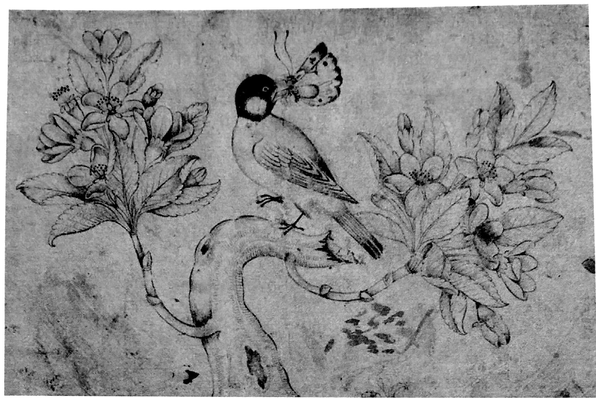 Resim 8: Kelebek Yakalayan Kus, Safi Abbasi, 1650 civari, 11.4 x 17.2 cm, Freer Gallery of Art, Smithsonian Institution, Washington, D.C., no.96.36  XVII. ytizyilin ortalarinda Safevilerin yeni baskenti Isfahan’da kalem-i siyahi tekniginde eserle veren ti¢ Gnemli sanatc¢1 Muhammed Kasim, Muhammed Yusuf ve Muhammed Ali’dir. Her i sanatci da farkli bireysel tarzlar. olmasina kargsin, tekrarlanan firca darbeleriyle resimlerinc dekoratif ve dinamik bir etki yaratarak, akici bir firga tislubu gelistirmislerdir. Ozellikle yas erkeklerle idealize edilmis geng erkek ve kadinlarin rahat pozisyonlarda betimlendigi tek fig calismalar1 yapmislar ve bunlari genellikle sulandirilmis renklerle tonlandinilan manzaralar iginde tasvir etmislerdir. Bu sanatgilar arasinda en yaratic1 olani Muhammed Kasim’ dir. Riza’nin 6grencilerinden en yeteneklisi 1630’lardan yiizyilin sonuna kadar siiren kariyeriy Mu’in Musavvir’dir. Sanatgiya ait minyatiirlerin yan sira cok sayida tek veya birkac figii  birlikte betimledifi kalem-i siyahi resimleri gtintimtize ulasmistir (Resim 9-10). 