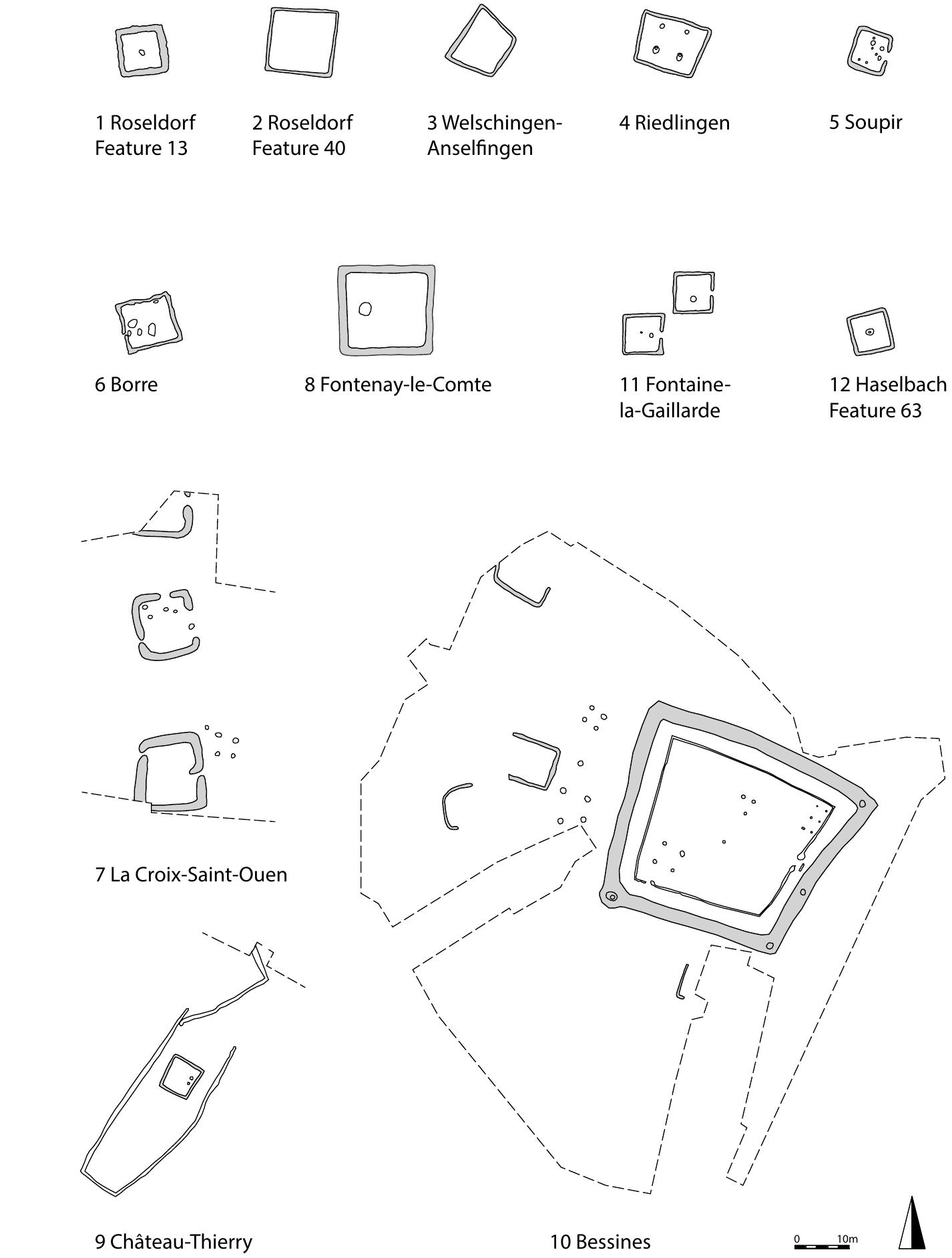 enclosures. However, they provided no evidence of burials or human remains, only some ceramics and a series of 68 coins and three Nauheim type fibulae, dating to the second half of the first century BC. 