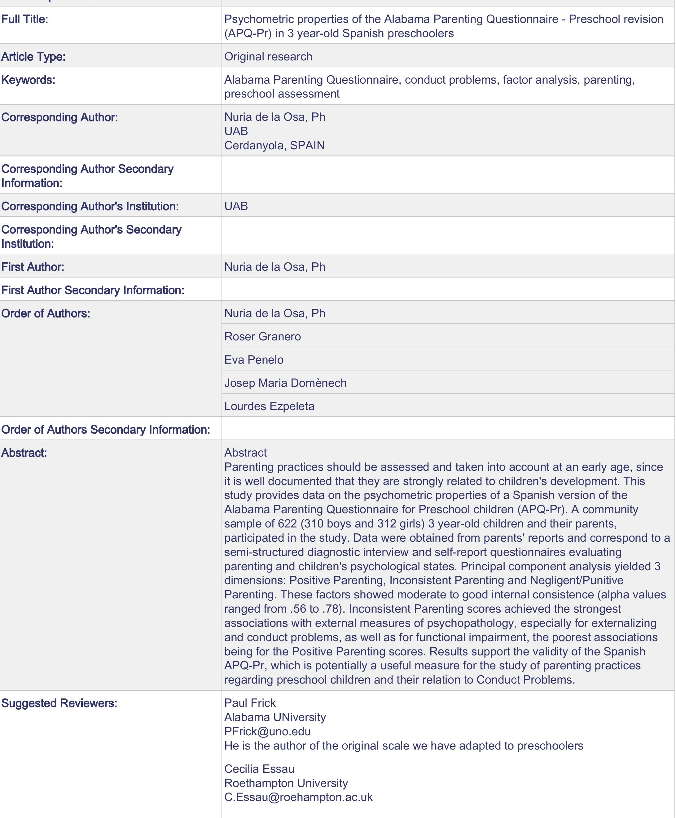 (PDF) Psychometric Properties of the Alabama Parenting Questionnaire