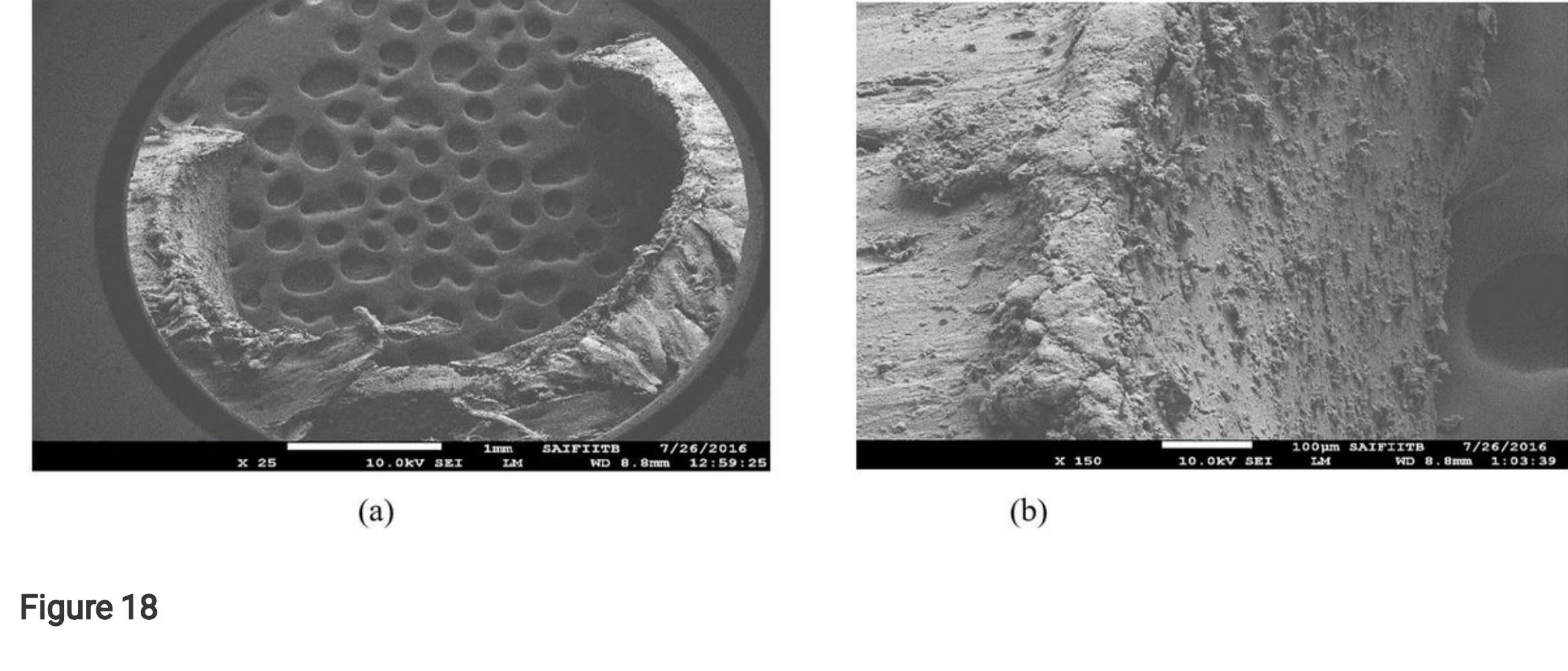 Sem images at (a) 25x (b) 150x (point angle 110° and helix