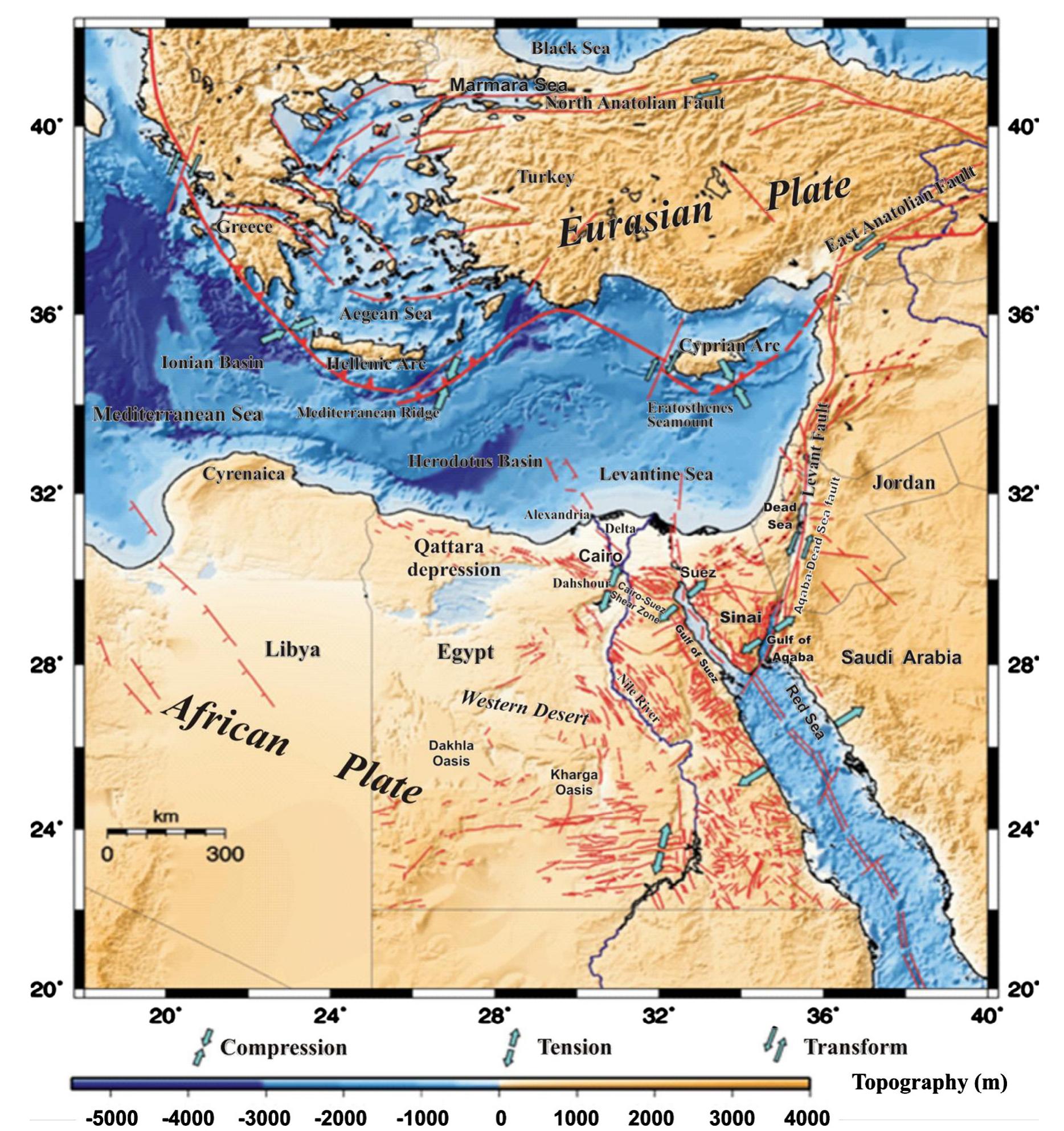 Tectonic boundaries of the eastern mediterranean region. red