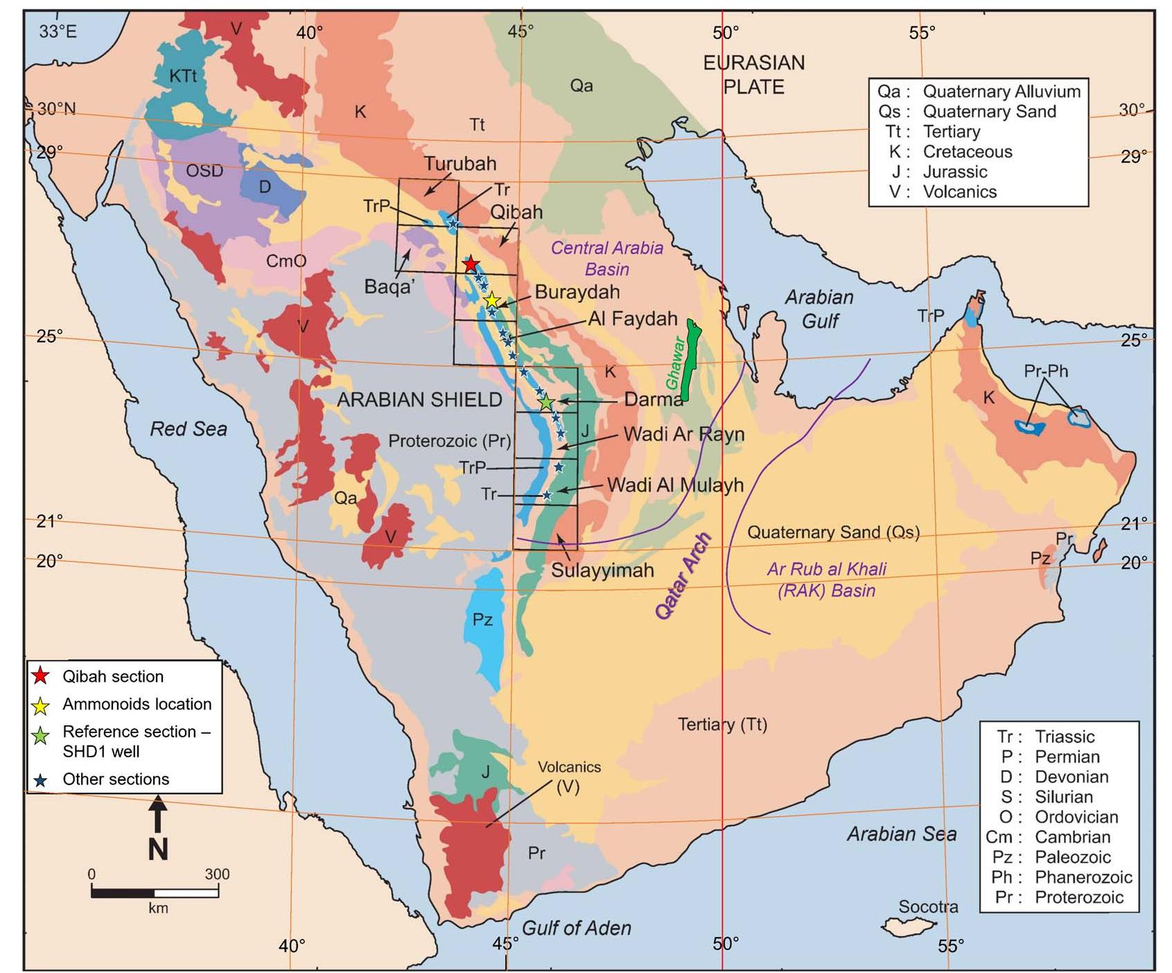 Simplified geological map of the arabian peninsula showing