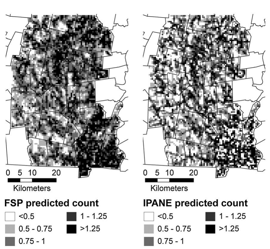 Fig. 3. Predicted invasive plant count based on the ZIP models for FSP data (left panel) and IPANE data (right panel). Similar to the presence/absence models, the correlation between the two count models is poor  richness in forest understory (as represented by the FSP data) is primarily influenced by the amount of nearby open and residential lands (Tables 3 and 4). Open lands, which include pastures, orchards and croplands, are likely a source of invasive propagules to surrounding forests. This finding is consistent with other studies of forest invaders in Massachusetts (Mosher et al. 2009) and Pennsylvania (Huebner et al. 2009) which found that the presence of non-forested  Fig. 2. Predicted presence and absence of forest understory invasive plants based on the FSP data (left panel) and IPANE data (center panel). A comparison between the two models (right panel) shows poor overall model overlap 