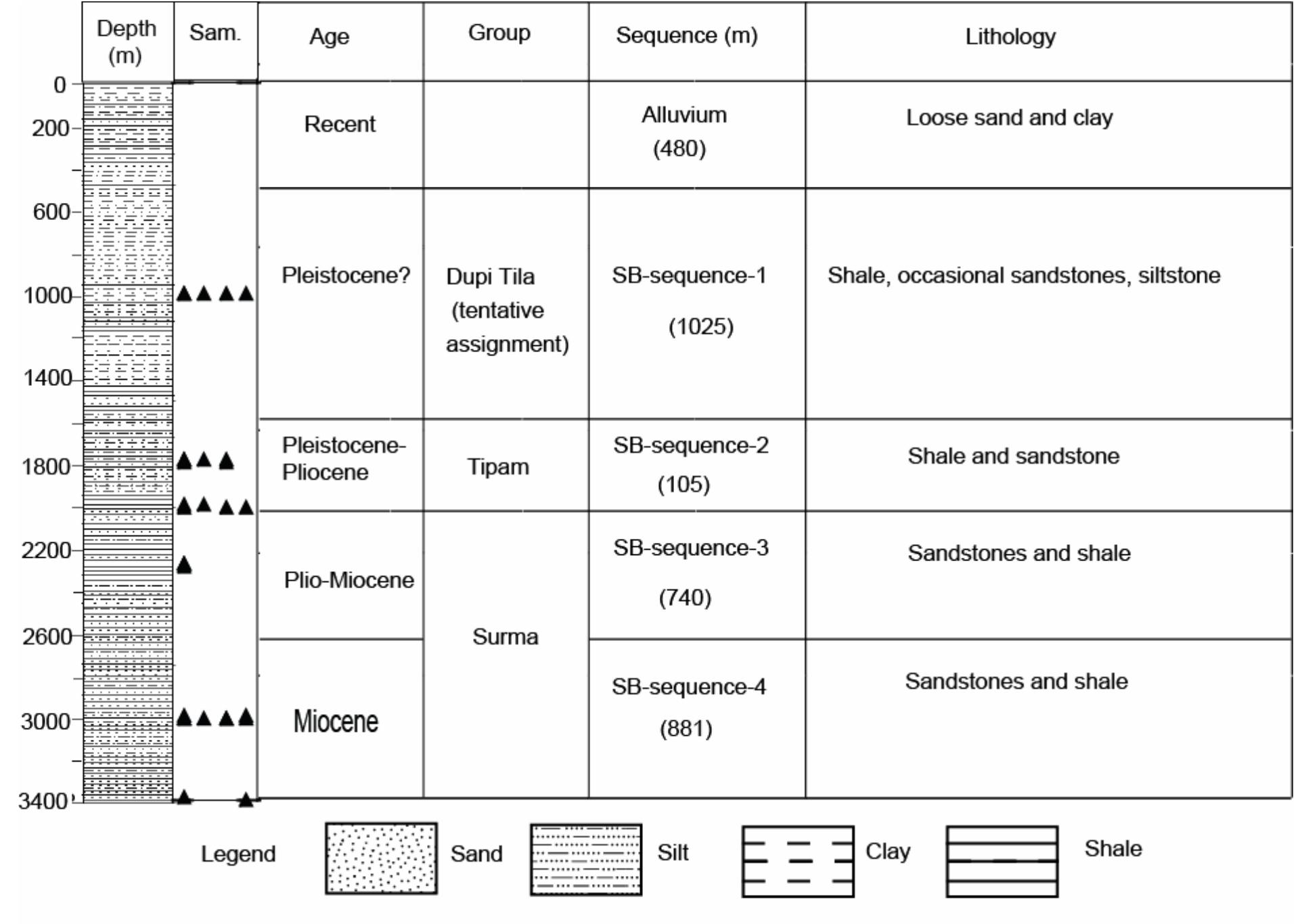 Stratigraphy, lithology and sample depths in the