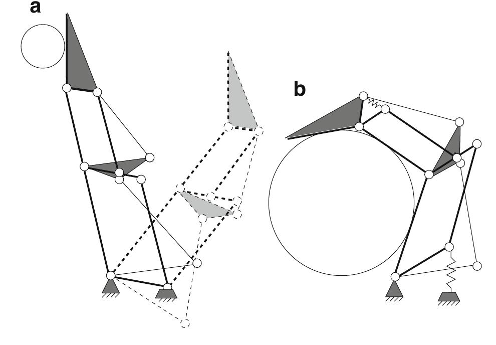 The three-phalanx finger described in the preceding subsection was used in the design of several linkage-based underactuated hands. Three such fingers are mounted on a common base which is used as a palm. Each of the three identical fingers is mounted on an additional revolute joint whose axis is located on the 