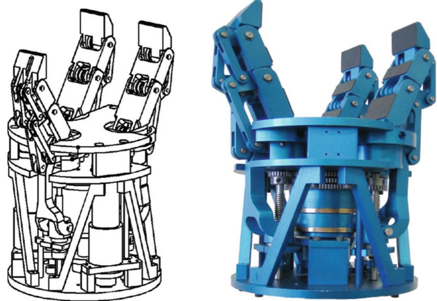 aS GS Cala ata > aS WR > ea  Driven by the contingencies of space applications and in order to further improv the compactness as well as reducing the control complexity, hands including fewe actuators were then designed, based on the three-phalanx underactuated finge described above. The SARAH hand, shown in Fig. 6, and the UKAEA hand eac! possesses 10 dofs but only 2 doas, which is a considerable reduction. Two mai design changes have made this reduction possible. First, by allowing only the mos useful finger orientations with respect to the base (Fig.4), the coupling of th orientation of the fingers is possible. In other words, one gearmotor and a linkag are used to commonly drive the rotation of all fingers. The linkage is designed suc! that the configurations shown in Fig.4 are possible. The second design change i the most important: it consists in introducing underactuation between the fingers In other words, a single actuator is used to drive the closing motion of all finger 