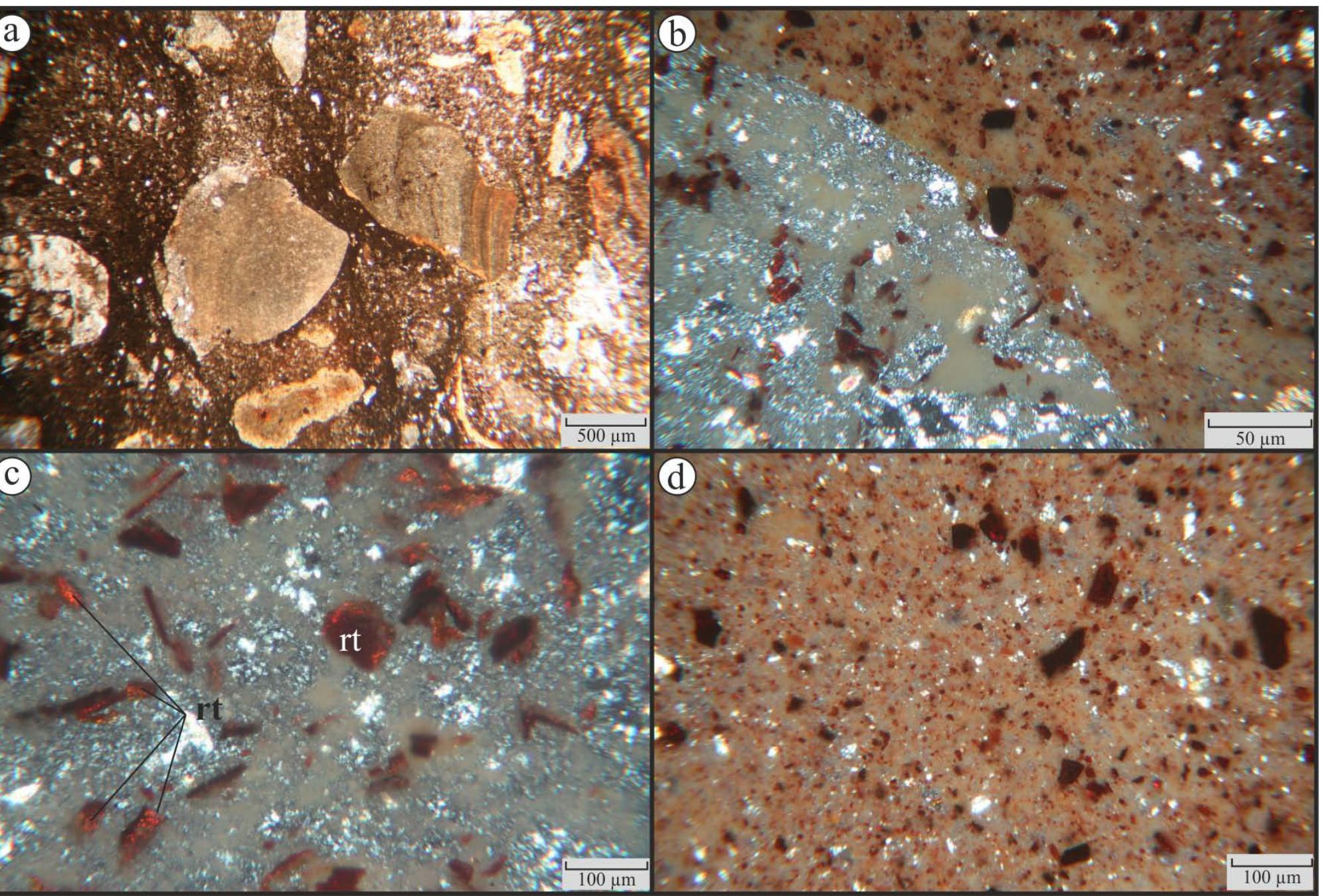 Thin-section photomicrographs of the bauxite ore. a) the