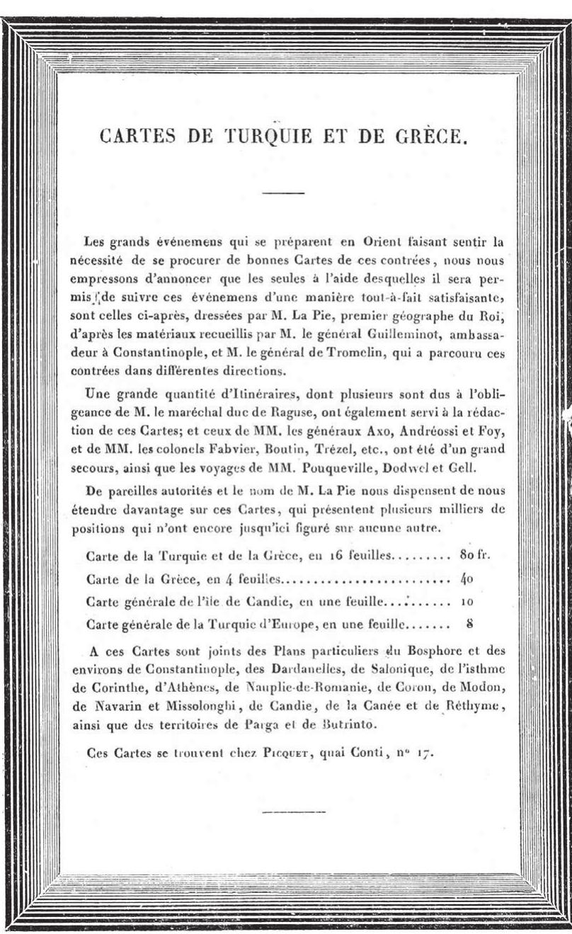 Figure 1. Advertisement for Lapie’s maps of Turkey and Greece, printed on the back cover of Tromelin’s itineraries in European Turkey, Paris, 1828. Paris, Bibliothéque nationale de France 8-J PIECE-1256. 