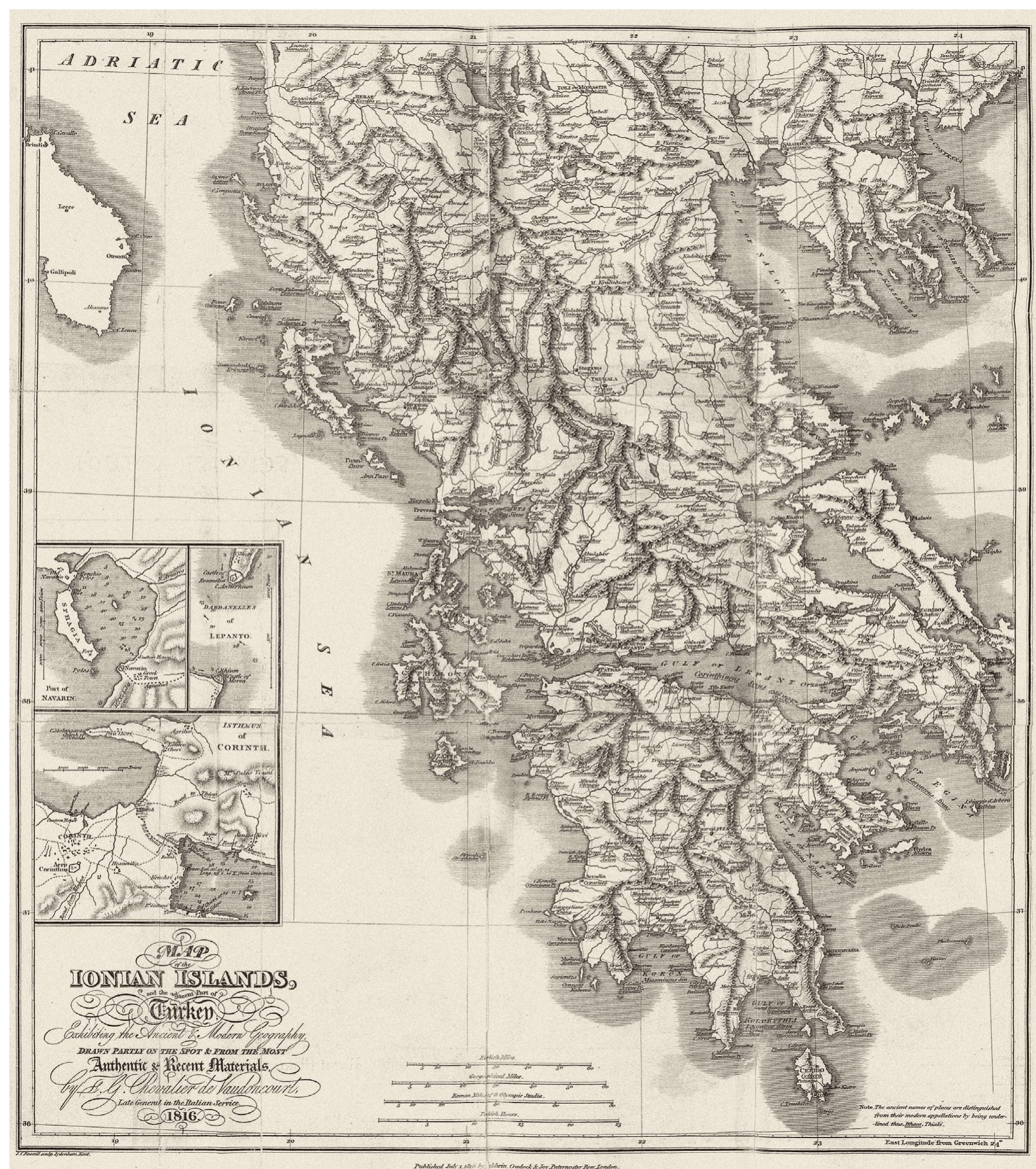 Figure 5. Frédéric-Frangois Guillaume de Vaudoncourt, “Map of the Ionian Islands, and the adjacent Part of Turkey...,” Memoirs on the Ionian Islands, Considered in a Commercial, Political, and Military, Point of View... (London: Baldwin, Cradock, and Joy, 1816). Library of the Hellenic Parliament, Athens, BE tot 1816MEM. 
