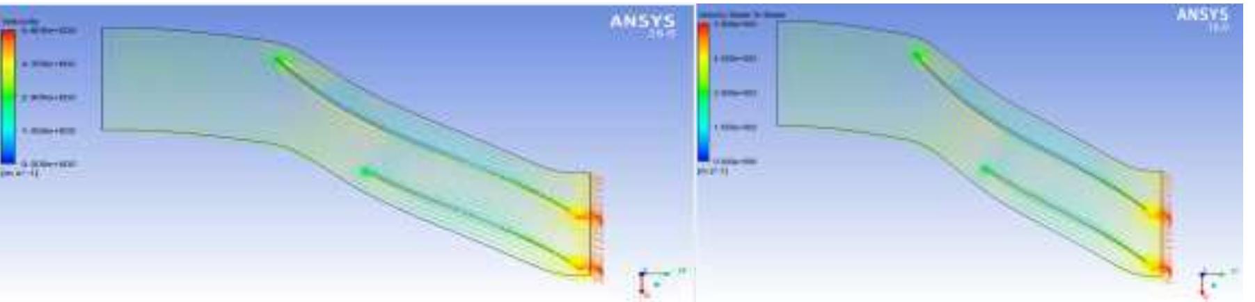 Figure.7 : Velocity contours for 2.% clearance for without PS and with PS  Velocity contours in blade to blade view, at span 0.5 is shown in figure below. The contours show low velocity region on suction side of the blade. With PS on tip of the blade, the low velocity region is reducing and also velocity  improvement is observed.
