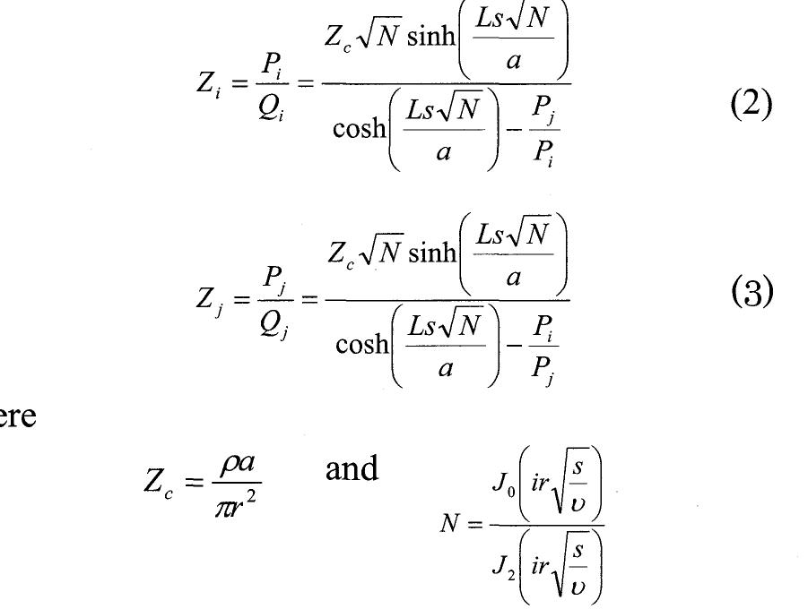 Using three pressure transducers, index 1-3, separated by lengths L,2 and L,; and with a total length of Lj, the point impedance at every transducer can be determined in two ways.  i Se a : ne ae? a e:: ee a 4  The point impedance can be calculated at all three transducers along the measurement pipe by using the four pole matrix, see for instance [9]. Equations (2) and  (3) show the impedance equations where index i is the location upstream of index /. 