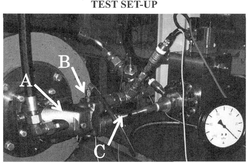 Figure 2 Picture on the test set-up. A is the test pump, B the inlet pressure manometer, and C the measurement pipe with three pressure transducers.  The measurement and calculation of the quantity of released air is approximately due to uncertainties regarding how the air is released from the oil. The air release and the re-saturation take some time and it is not obvious how much of the air is resolved back into the oil during the pressurisation in the machine. 