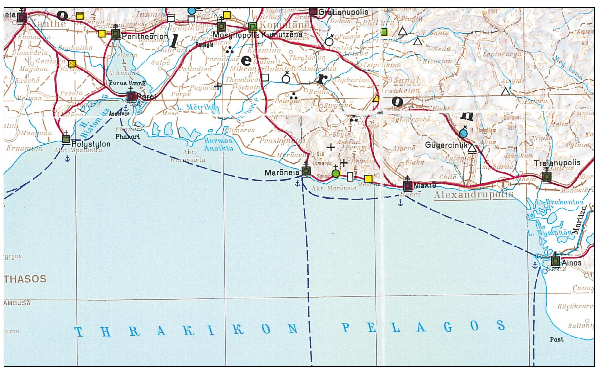 Fig.6 Southern Thracian coast between Abdera/Polystlon and Ainos in Byzantine times. — (Detail of a map of Soustal 1993). 