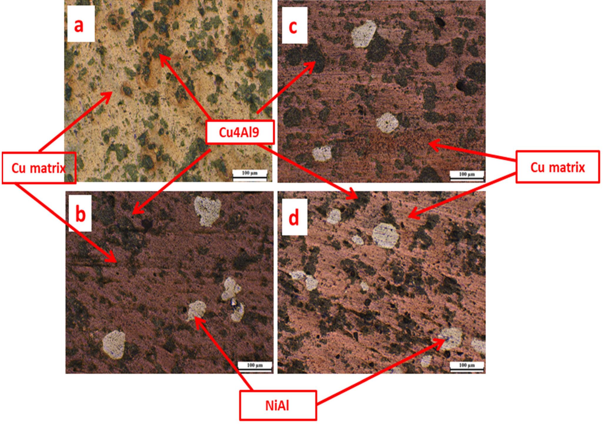 Fig. 3 Optical micrographs of sintered samples of the developed Cu alloy samples with varying wt.% of Ni content (a) 0, (b) 2, (c) 4, and (d Q 