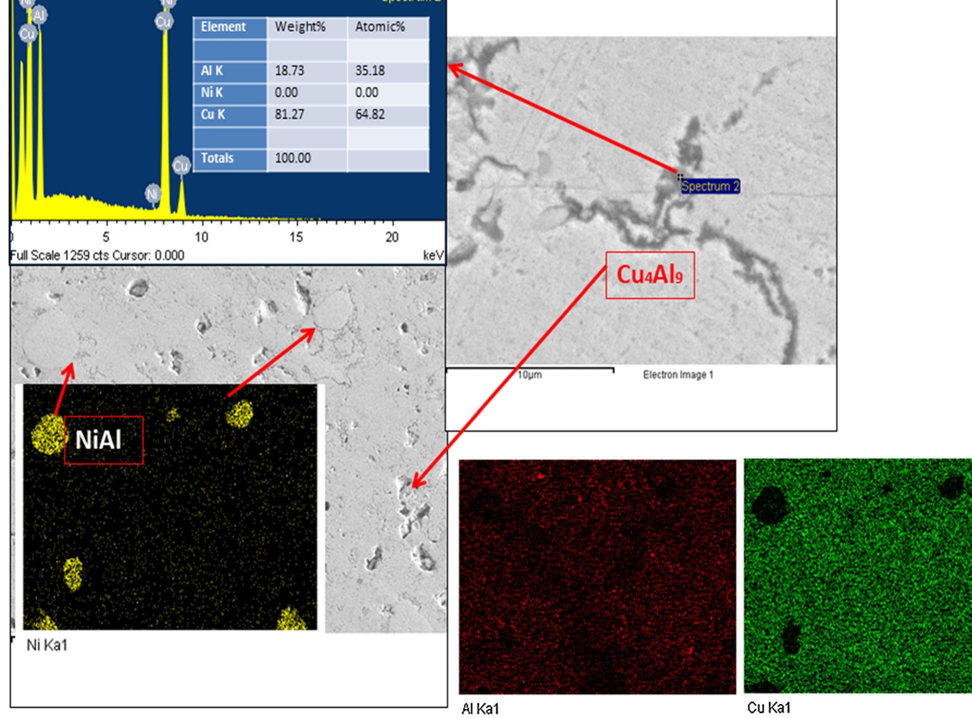 Fig. 4 SEM micrograph with point EDS analysis and color mapping of the developed Cu alloy sample of 4 wt.% Ni content 