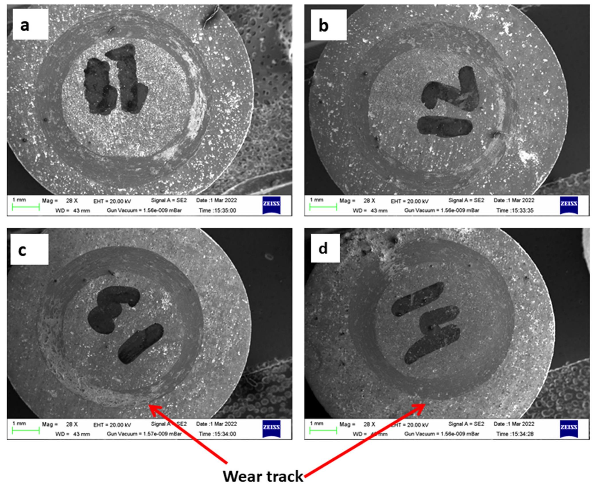Fig. 9 SEM of the worn surfaces of the sintered developed Cu alloy samples with varying wt.% of Ni content (a) 0, (b) 2, (c) 4, and (d) 8 
