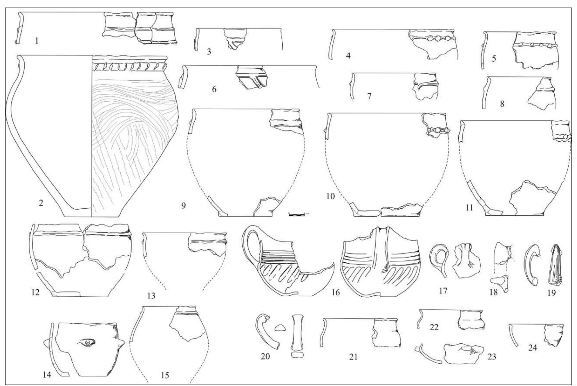 Fig. 3. Jijila - La Gradini. Late Bronze Age pottery (drawings Sorin Ailincai)  Although usually considered “cooking vessels”, being included in the category of rough pottery, many of the items from Jijila are made of good quality clay, also having a well-smoothed surface, sometimes even polished. Only in one case, on a large vessel, the application of a slip layer was noticed which still preserved the trac- es of modelling using fingers (pl. 10/4). The majority of these ves- sels were made using oxidising kilns, their colour being in general brownish-yellowish. 