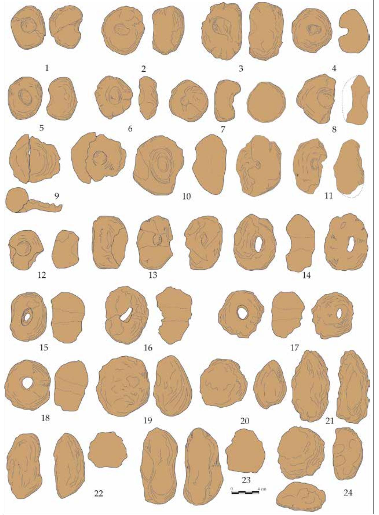 Cups. Several pottery shards belong probably to containers similar to cups (pl. 2/7, 11; 3/8, 4/6-8, 6/4, 7/3, 8, 10, 12, 8/17, 9/12, 10/5, 11/3, 11, 21, 25, 29). Due to their advanced state of fragmentation, it is very difficult to be assigned to a specific type (fig. 3/14-23). The only almost complete vessel is a one-handled cup, decorated on the body with oblique channels and on the neck with horizontal channels (pl. 10/5). This item has very good analogies in the settlement belong- ing to the Noua culture from Candesti (Florescu / Florescu 1990, fig. 19/4), or Brasov - Bartolomeu (Florescu 1991, fig. 182/1-2, 4). Another shard has a handle with a semi-circular cross-section, and the profile of the vessel indicates an independent restricted vessel with an inflect- ed contour (pl. 4/8). The other two handle fragments have the upper part pointed, a characteristic found in the case of several types of cups  
