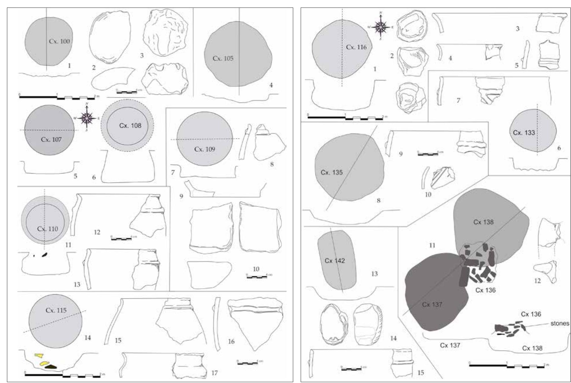 Pl. 8. Jijila- La Gradini. 1-3. Cx. 100; 4. Cx. 105; 5. Cx. 107; 6. Cx. 108; PI. 9. Jijila - La Gradini. 1-5. Cx. 116; 6-7. Cx. 133; 8-10. Cx. 7-10. Cx. 109; 11-13. Cx. 110; 14-17. Cx. 115 (drawings Sorin Ailincai) 135; 11-12. Cx. 138; 13-15. Cx. 142 (drawings Sorin Ailincai) 