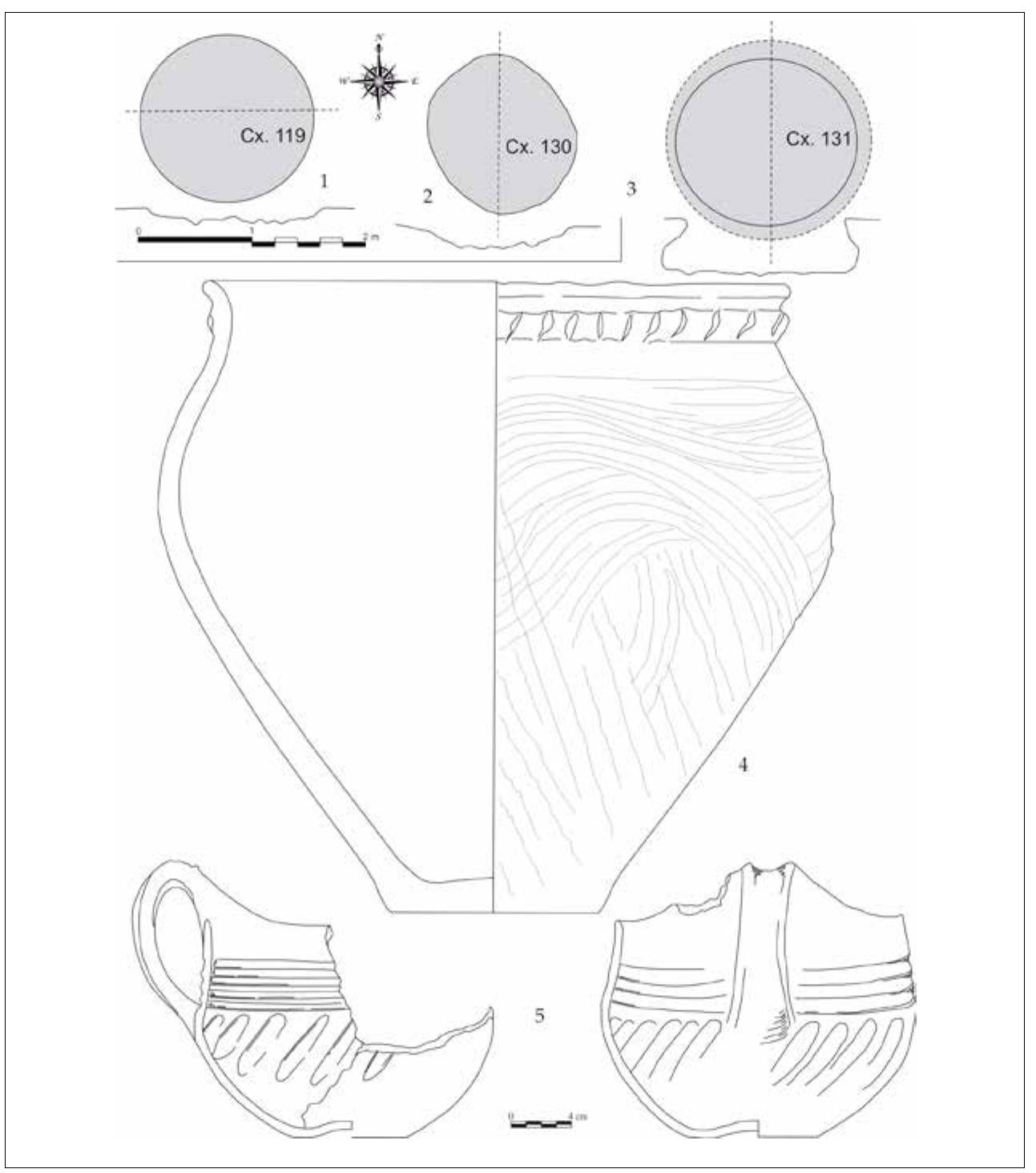 Alongside the discussed material, the other five shards from Jijila belonged to independent restricted vessels, probably with inflected contour, which had a narrowing well-marked neck, and represented the upper part of these vessels (pl. 1/5, 2/3, 6, 9/3-4). They were made of good quality clay, their surface was polished, and the firing was con- ducted in oxidising and reducing atmosphere. 