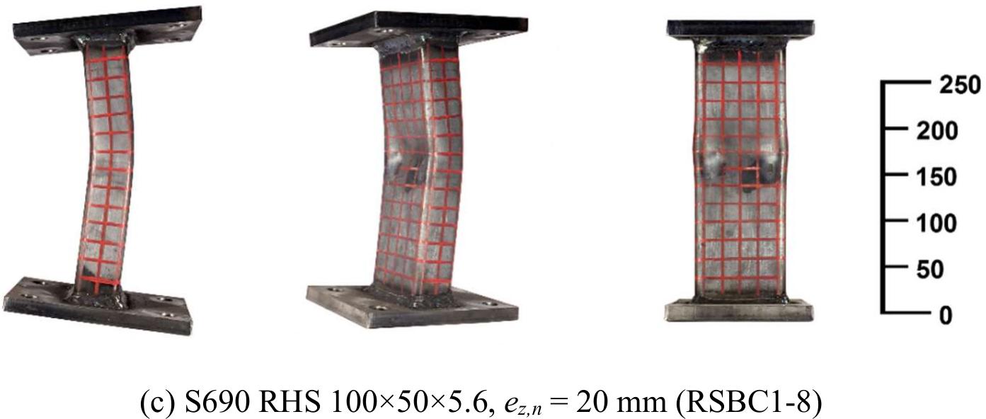 Typical failure modes of short beam-columns (scales in mm)