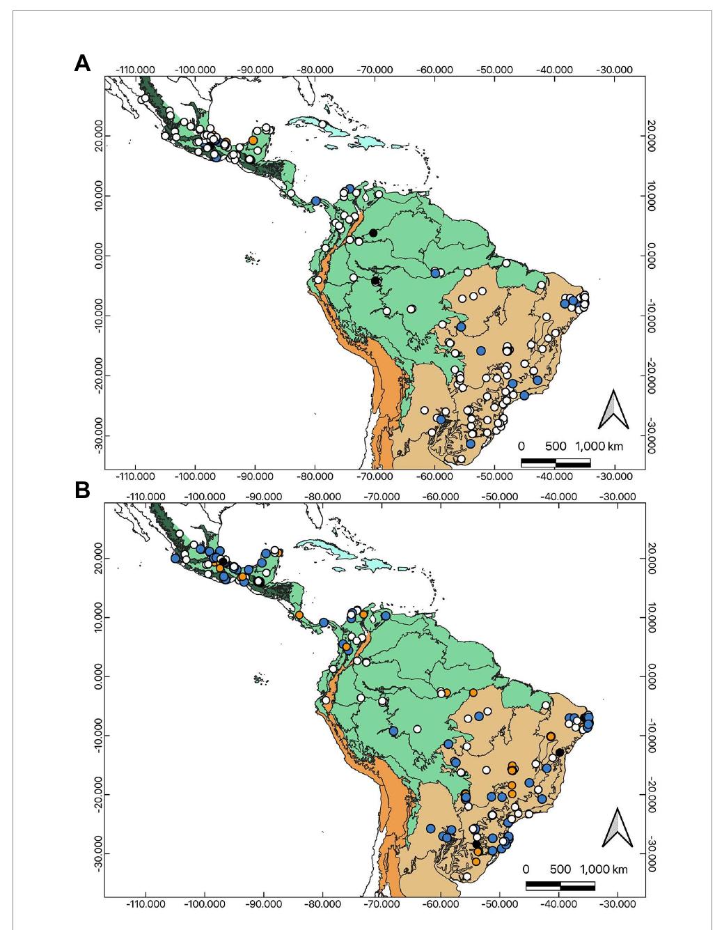 Distribution of published studies of dung beetles sampling compiled in our dataset in the biogeographical regions in the Neotropics. Each dot corresponds to one paper. (A) Studies using only pitfall trap (open diamonds), and other complementary traps. One trap (open dots), two traps (light gray dots), three traps (dark gray dots), and four traps (black dots). (B) Studies using different types of baits. One bait (open dots), two baits (light gray dots), three baits (dark gray dots), and four baits (black dots). 