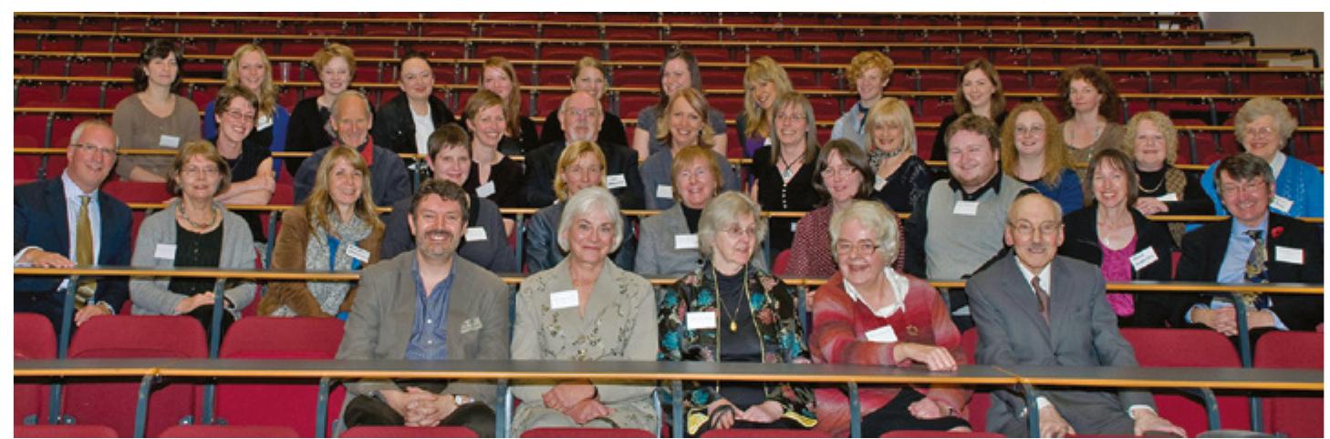 All the editors and staff of the Historical Thesaurus who attended the Glasgow Launch Event on 22 October 2009. Back row, left to right: Imogen Marcus, Eilidh Macrae, Jennifer Scammell, Sonia Tinagli-Macrae, Johanna Green, Lisa Harrison, Ellen Bramwell, Kerry Ferguson, Sophie Holmes, Jennifer J Craig, Lesley A Haughton. Third row, left to right: Kate Wild, Jim Muir, Kathryn Allan, Ian B Hamilton, Judith M Paterson, Ann Gow, Mary Watt, Louise Edmonds, Flora Edmonds, Maureen McRobb. Second row, left to right: Thomas J P Chase, Hazel Mills, Margaret Hebenton,  Rosie Robertson, Cerwyss O’Hare, Irene E Reay, Rachel D Bell, Marc Alexander, Freda Thornton, Jeremy J Smith. Front row, left to right: John B Corbett, Irené A W Wotherspoon, Jane Roberts, Christian ] Kay, Michael Samuels  Paterson, Ann Gow, Mary Watt, Louise Edmonds, Flora Edmonds, Maureen McRobb. 