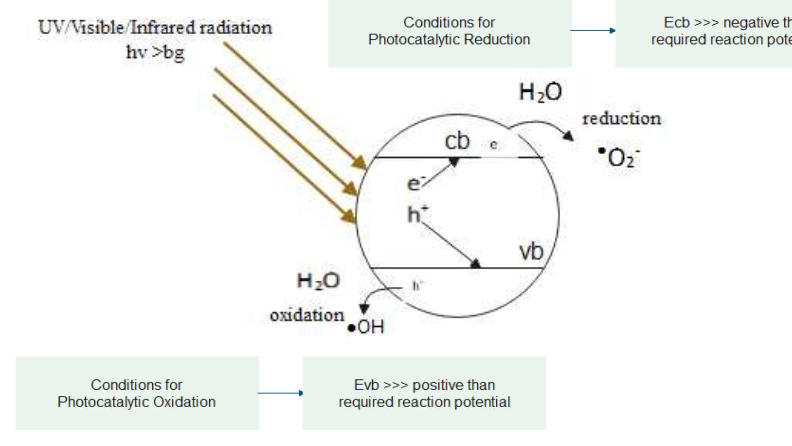 Fig. 1. Process of photochemical reaction on the surface of a catalyst  A non-catalyzed photochemical process occurs by the irradiation of dissolved oxygen, thereby generating an oxidant species. But the subsequent decrease of dissolved oxygen discontinues the reaction after some time. This creates a need for research and development of novel catalyzed photocatalytic processes. The basic principle applicable in catalyzed PCs is the generation of reactive oxygen species by indenting light on a photocatalyst. A photocatalyst is a substance that does not directly take part in the reaction, but it actuates the reaction by absorbing light and generating the required electron/hole combinations. The light source may be natural sunlight (visible spectrum range) or an artificial UV  A semiconducting material is the best-suited material for a photocatalyst due to its ability to conduct electricity when subjected to light of sufficient intensity (wavelength) at room temperature. The semiconductor absorbs the incident photon, which has higher energy than that of the bandgap of the material. Figure 1 explains the mechanism occurring in any photochemical process. These generated energy carriers (e and h*) migrate to the surface [29]. The photocatalytic reaction is dependent on the energy potential of the valence band (Ew), energy potential of the conduction band (E.b), and the required reaction potential for the oxidation and reduction reactions. Heterogeneous redox photocatalysis is a widely adopted method of contaminant removal in wastewater applications. The catalyzed PC reaction overcomes the_ limitation of the noncatalyzed process, and it is a noteworthy approach for indemnification of toxicity imparted by ammonia and_ nitrate compounds in wastewater. 