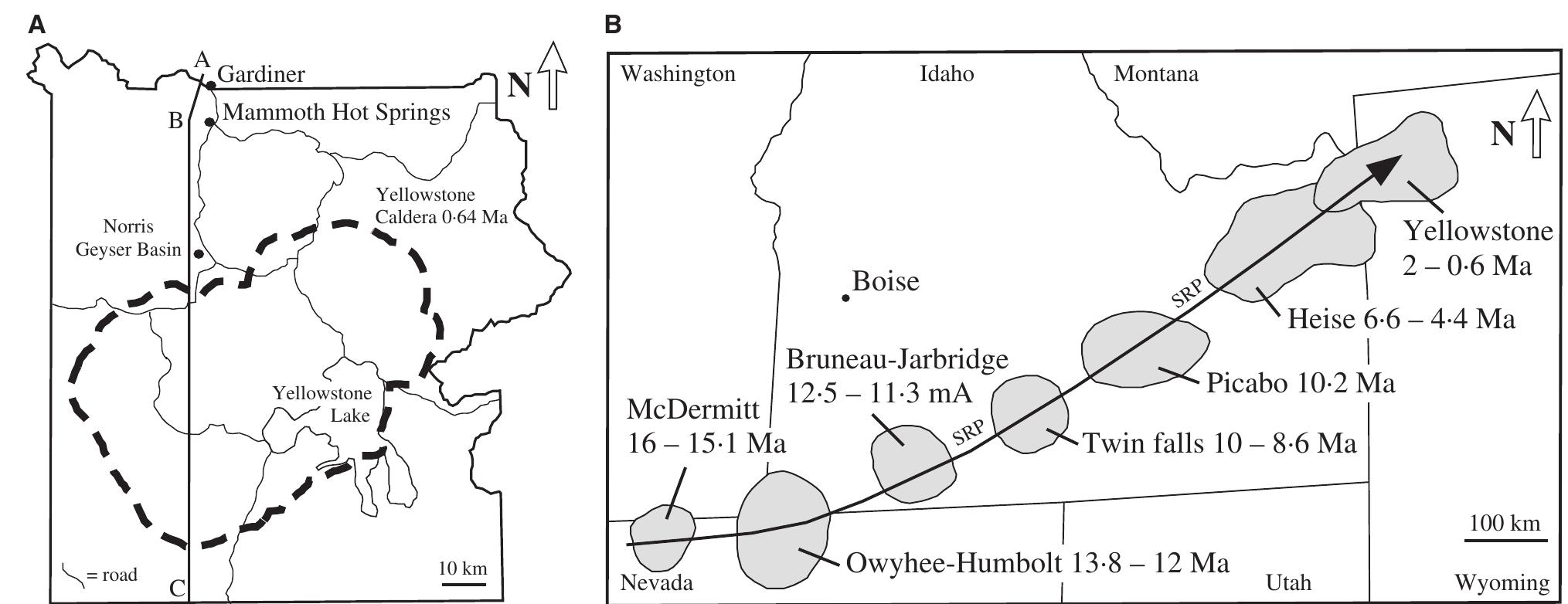 Fig. 2. Regional maps of Yellowstone National Park (YNP) caldera and the Snake River Plain (SRP) volcanic track. (A) Map of YNP illustrating the position of Mammoth Hot Springs (MHS) and Gardiner with respect to the Yellowstone caldera, the Norris Geyser Basin, Yellowstone Lake and the primary roads in Yellowstone (modified from Lowenstern x Hurwitz, 2008). (B) Trajectory of the Yellowstone hot spot track (dark line with arrowhead) that progresses from the original 16 to 15-1 Myr old McDermitt volcanic field, through the successive migration of SRP volcanic fields, to the current position of the 2 to 0-64 Ma Yellowstone volcanic plateau (modified from Pierce et al., 2007). 