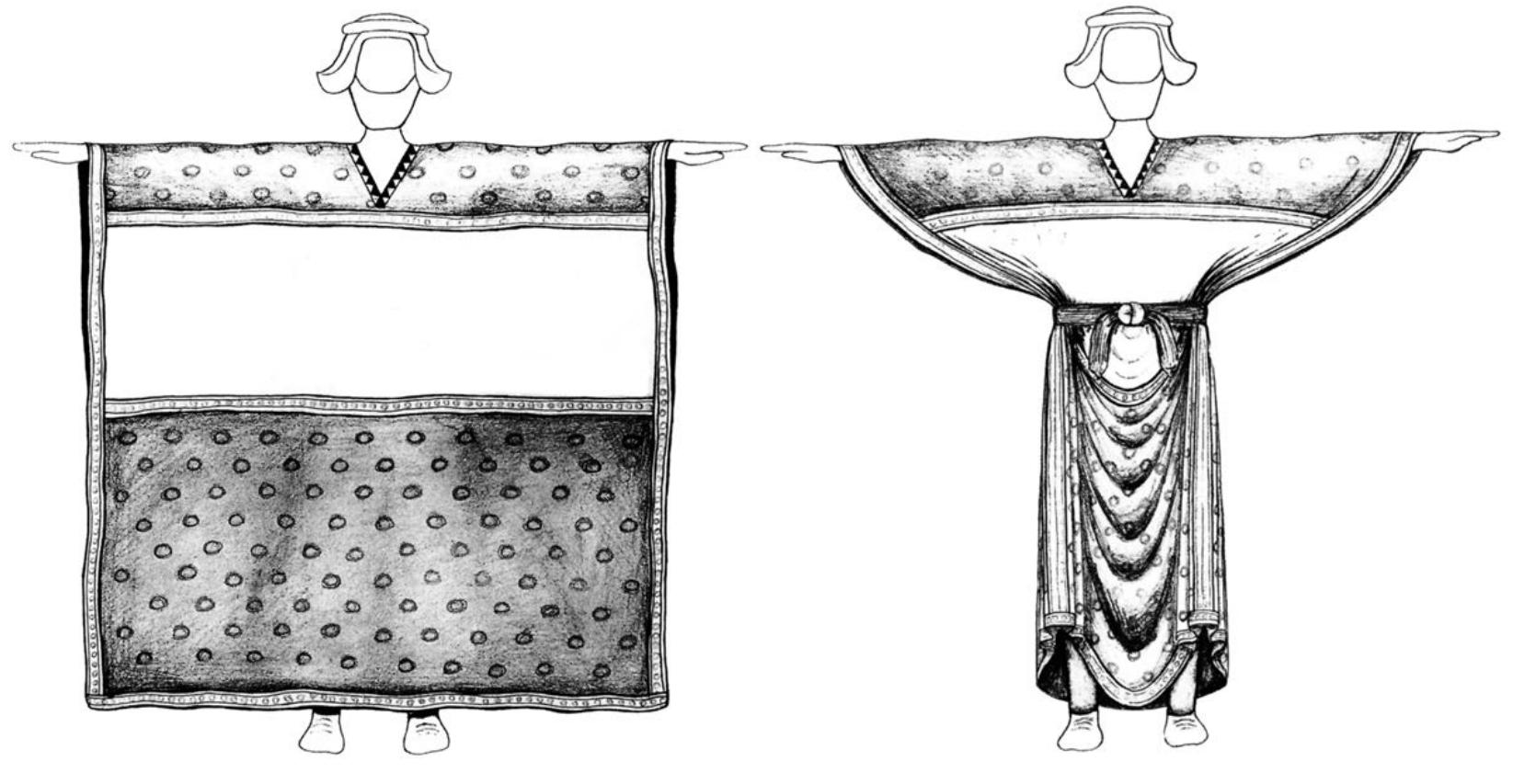 Figs. 1-2: Kypassis design, as proposed by Bruno Jacobs; after Jacobs 1994, figs. 4 and 6.  In his compelling reconstruction of the ‘Persian robe’ also known as the ‘Falten- gewand’ Bruno Jacobs (1994) presented the scholarly world with a clothing de- sign type that satisfied all the requirements presented by the available data-set (figs. 1-2): the colourful patterning of the Susa glazed bricks, the varied poses of the relief sculpture of Persepolis (fig. 3) and Bisottin, and the translation into the third dimension in the statue of Darius excavated at Susa. He further suggested that this was the kypassis, a garment mentioned by various Greek sources, but in annoyingly vague terms. One important detail was that it was worn by both  women and men, as attested by Harpokration q.v., probably quoting Hekataios (Jacobs 1994: 132). 