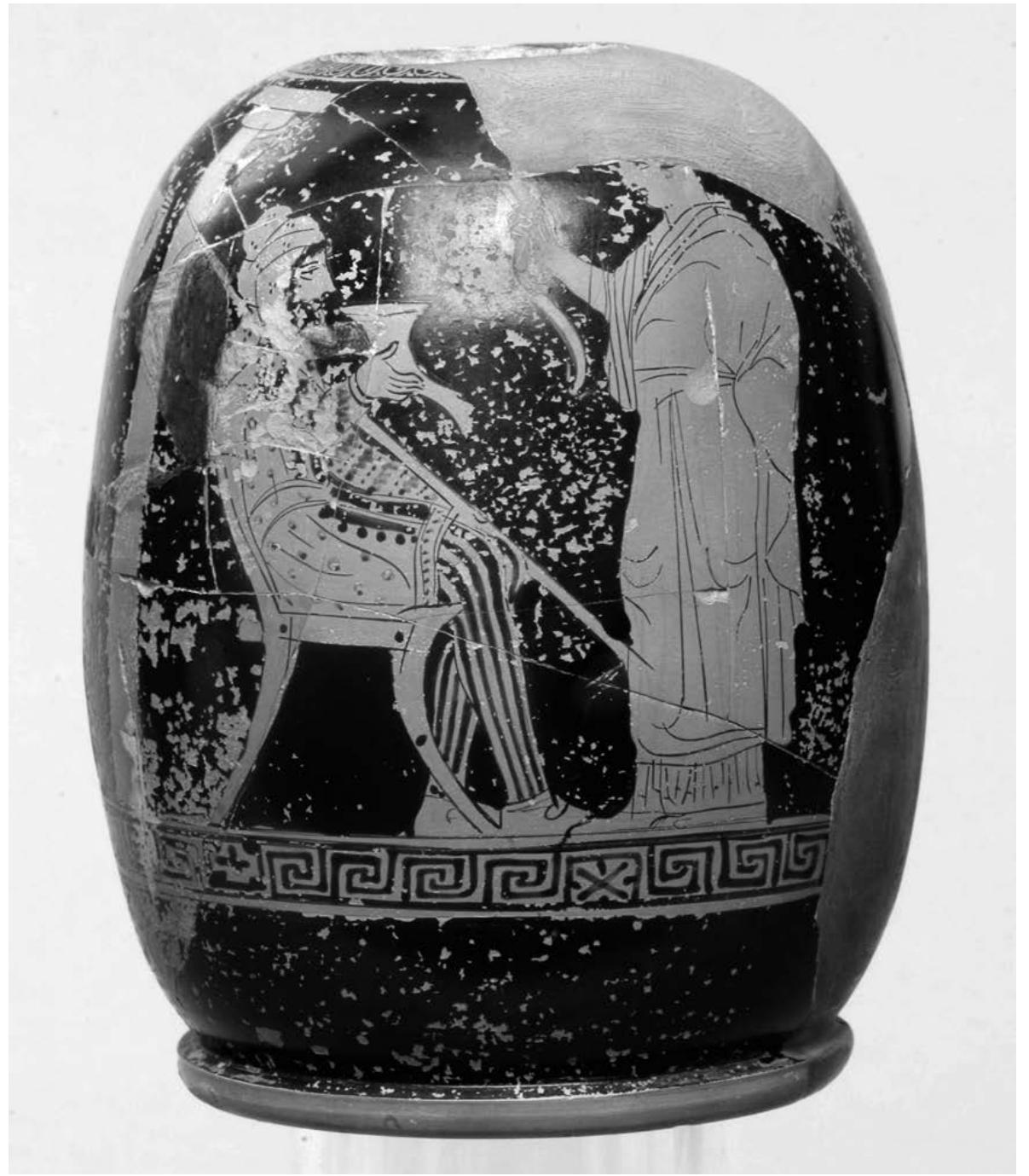 was also visible on imports: the obverse of Persian darics (Miller 1997: 73f.). Nonetheless, apart from the possibility that the daric image may lie behind the curious draping of King Midas’s himation in a throne scene on the mid-fifth cen- tury stamnos in London (London 1851,0416.9 [E447]; Miller 1988), the garment seems not to appear in Greek arts. By far the preferred form of representation of Persians in Attic, and indeed all Greek arts, regardless of the occasion, is to clothe them in rider dress with its diagnostic limb-hugging lines (Miller 2011). As the most common form of representation is in fact battle imagery, this may not be so surprising, but even in non-bellicose imagery in Attic vase painting the rider dress predominates. For example, whereas Persian arts consistently show enthroned personages wearing the court dress, the enthroned figure on the lekythos from  Vouni now in Stockholm wears tiara, anaxyrides and tight sleeves — in other words, rider dress (fig. 4; Gjerstad et al. 1937: 249, 263, pl. 85.1—2). 