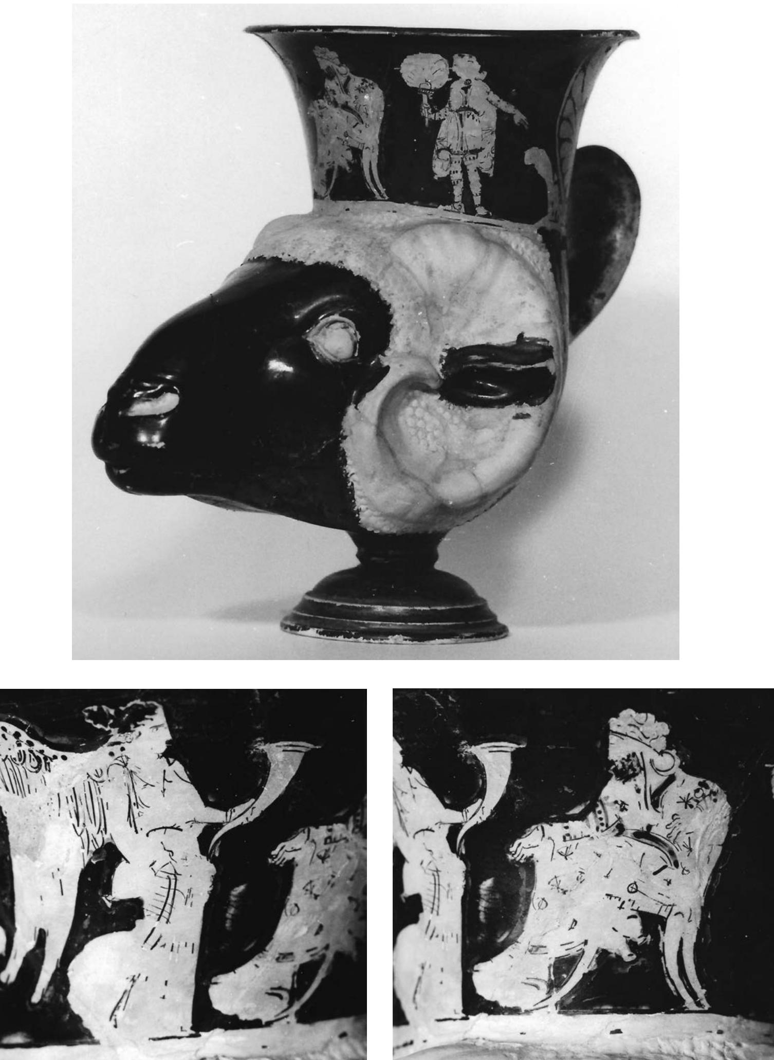 Figs. 7-8: Salerno 45066, Attic red-figured stemmed ram head rhyton, ca. 400, Group of Class W; fig. 7: profile view; figs. 8a—b: detail. 