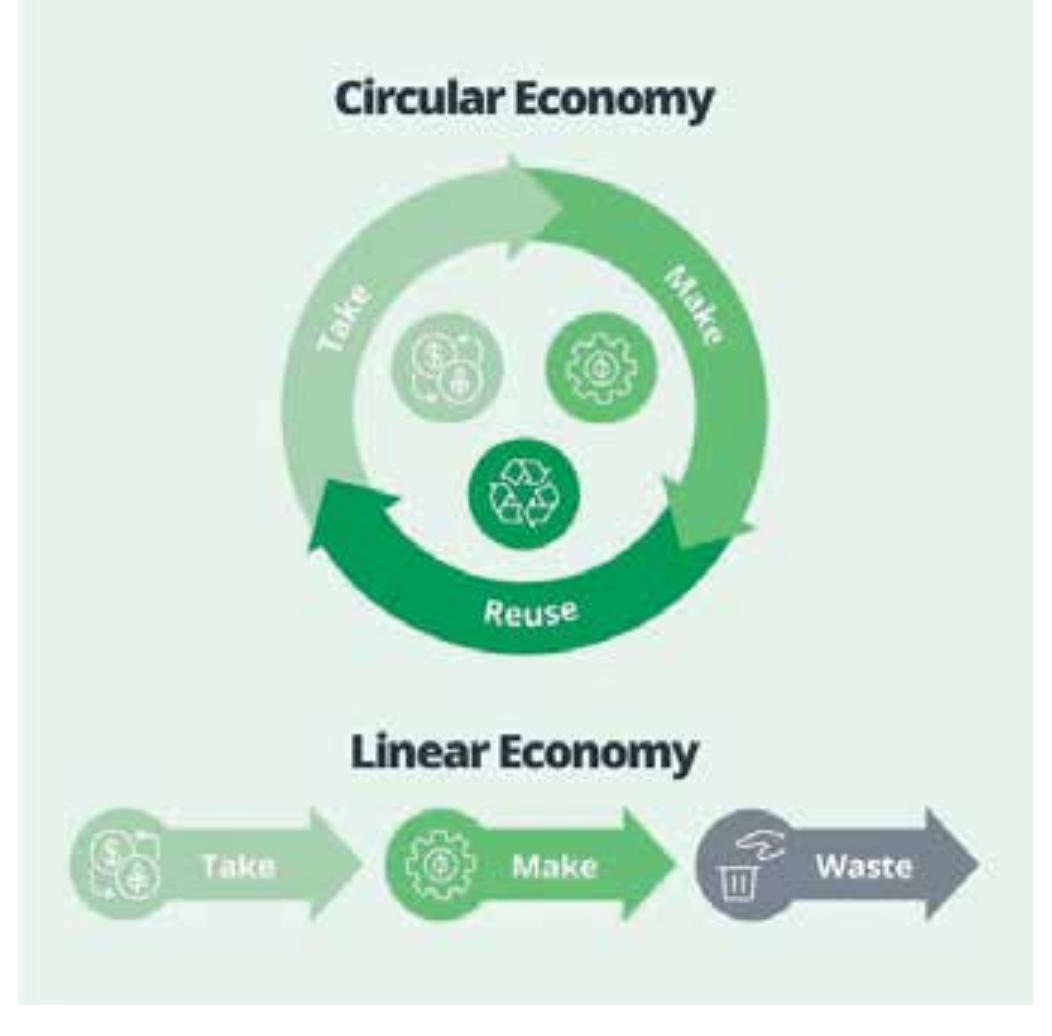 Linear economy model and circular economy model (flan: