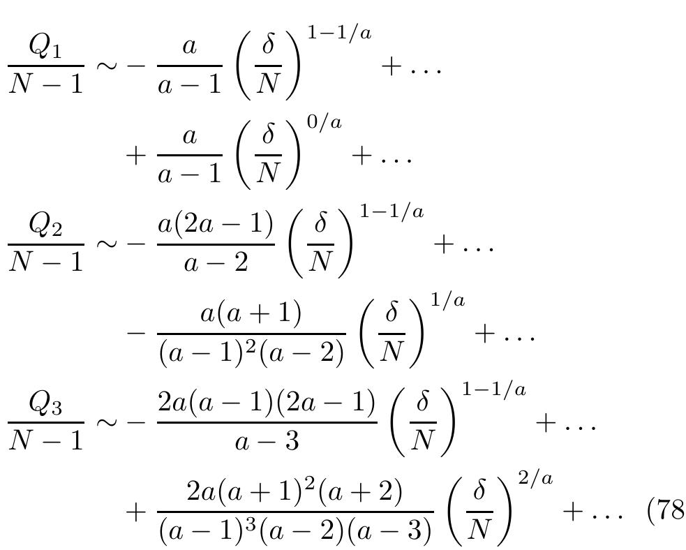 in the individual terms in the expansion for a > 17. In terms of the parameter 6 = (1 — a), the leading con- tributions for 6 + 0* and for all non-integer a 4 $ are  nq  A  t  The pattern that emerges is the following: up to or- der Qz, with k <a, the terms (5/N)“—)/¢ dominate. Therefore, for k < a, (6/N)'/“ can be interpreted as an expansion parameter. For k > a the terms proportional  o (5/N)!~1/¢ dominate. Since these terms are indepen-  dent of k, there is no longer a recognizable expansion  parameter. However, the prefactors, which depend on a, become smaller as the order of the perturbative term increases. For k = a both types of terms contribute. It is interesting to note that the dominance shifts precisely at the order in which the moments cease to exist. 