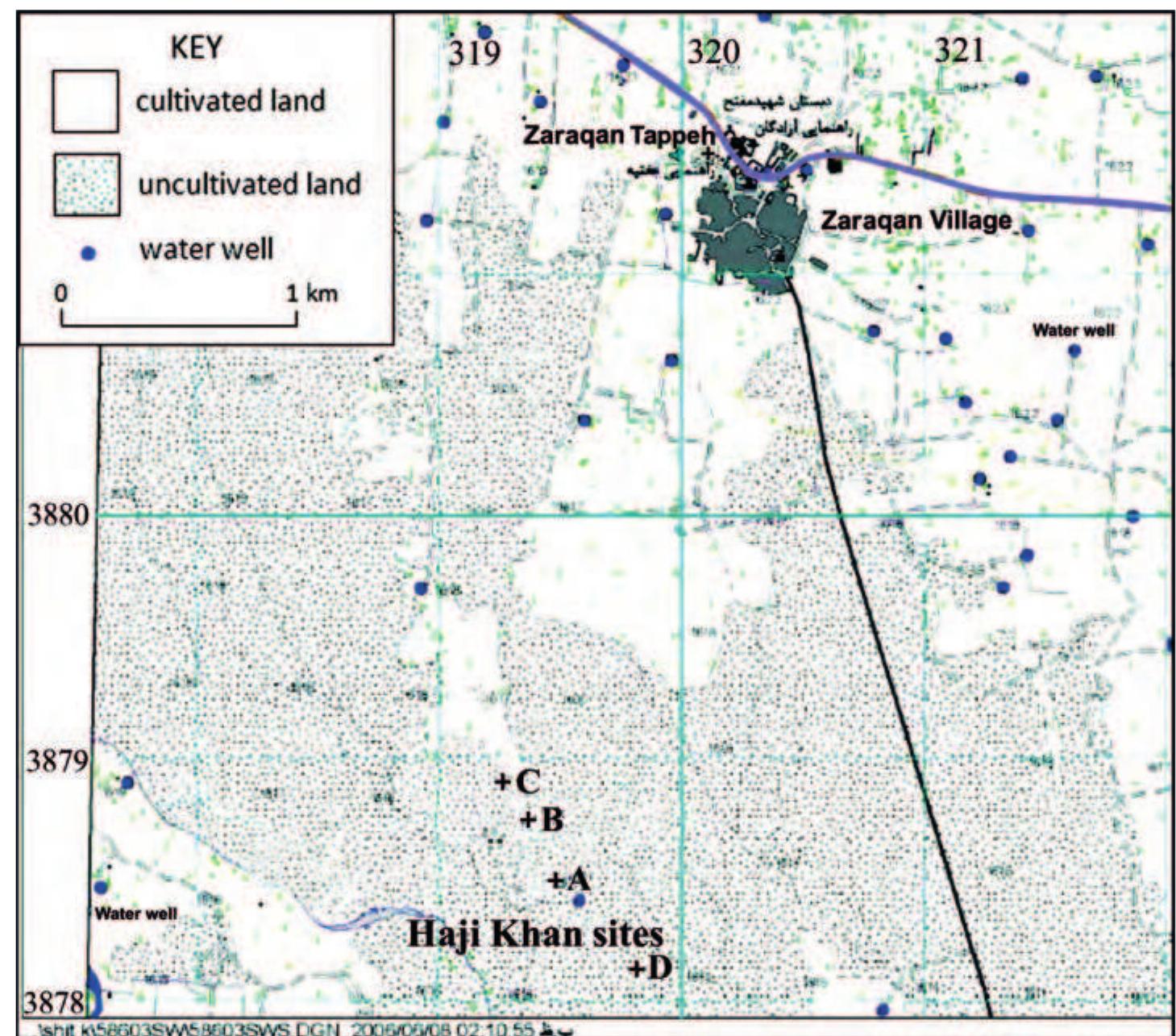 Fig. 3. 2006 map showing the location of the Haji Khan sites in uncultivated pastureland.  Further afield, several excavated sites have been associated with Median occupation on the basis of their pottery assemblages. Within Iran these include Bastam, Chogha Mish, Tepe Sialk, and Tepe Rivi (Kroll 2013; 2019). Outside Iran, it has been suggested that various sites in Turkey, Armenia, and Turkmenistan show influence from Media either in their architecture or in their pottery (Roaf 2008; Kroll 2019), which may have been due to an extension of Median political control or at least Median cul- tural influence in the half century following the destruction of the Assyrian Empire by the Medes and Babylonians in 612 BC (Fig. 1).  