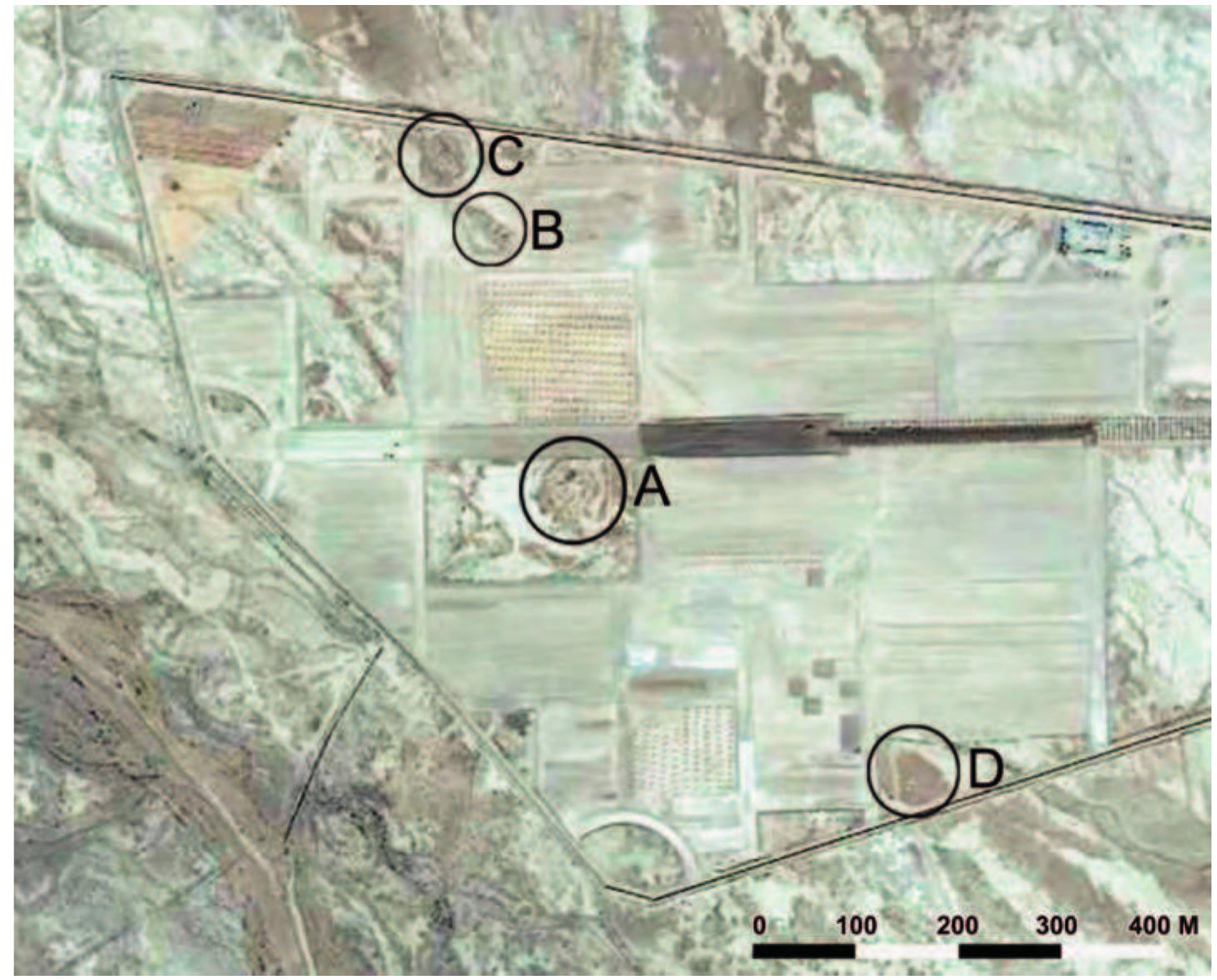Fig. 5. Satellite view of the Haji Khan Sites (A to D) after the construction of the petrochemical complex had begun. The image is orientated so that north is at the top.  (Google Earth 10 October 2016). 