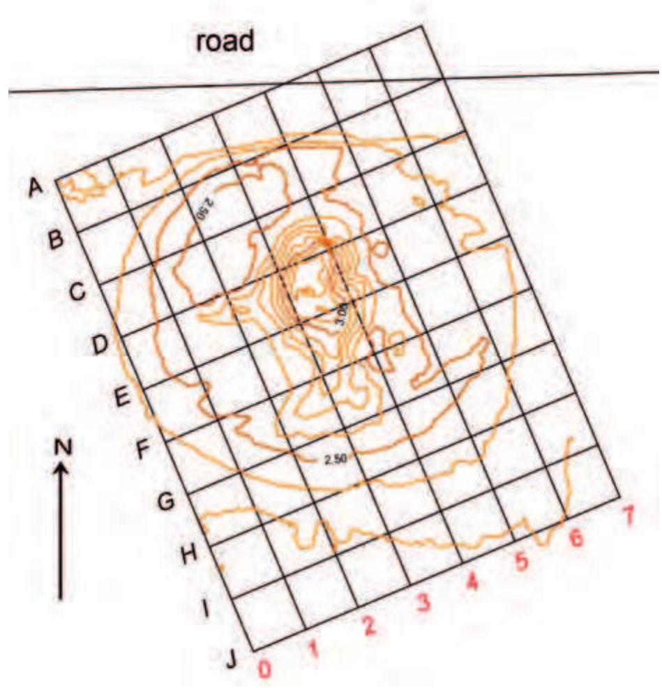 Fig. 8. Topographic plan of Haji Khan Tappeh. The contour lines are measured from an arbitrary level about 1610 m above sea level. 
