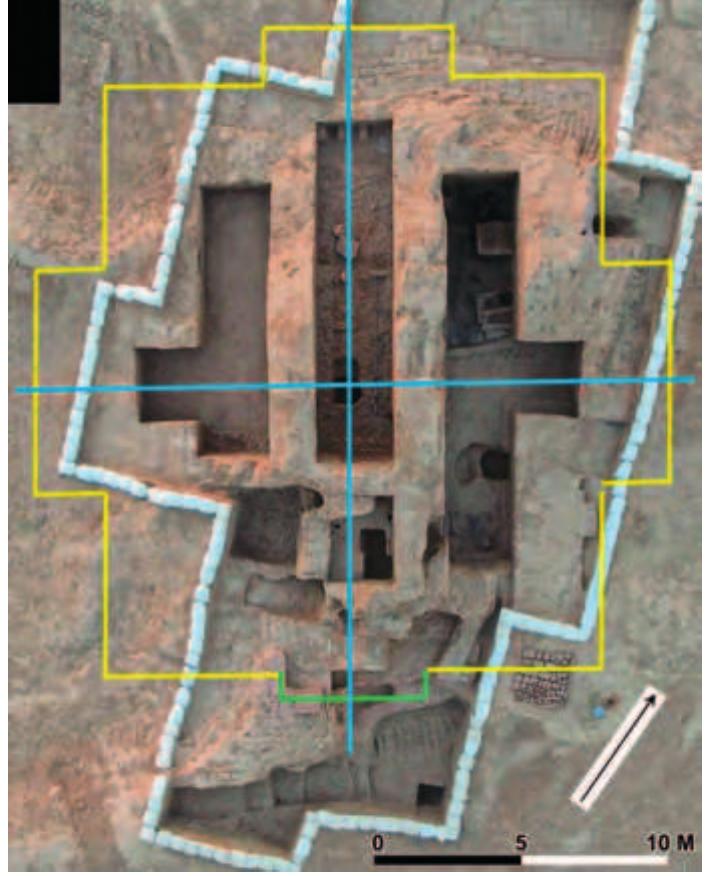 Fig. 64. An air view of the temple with a  possible outline of the outer wall. This line  marks the external part of the wall and does  not include the positions of buttresses and recesses.  Fig. 65. The plan of the Central Temple at Tepe Nush-i Jan. 