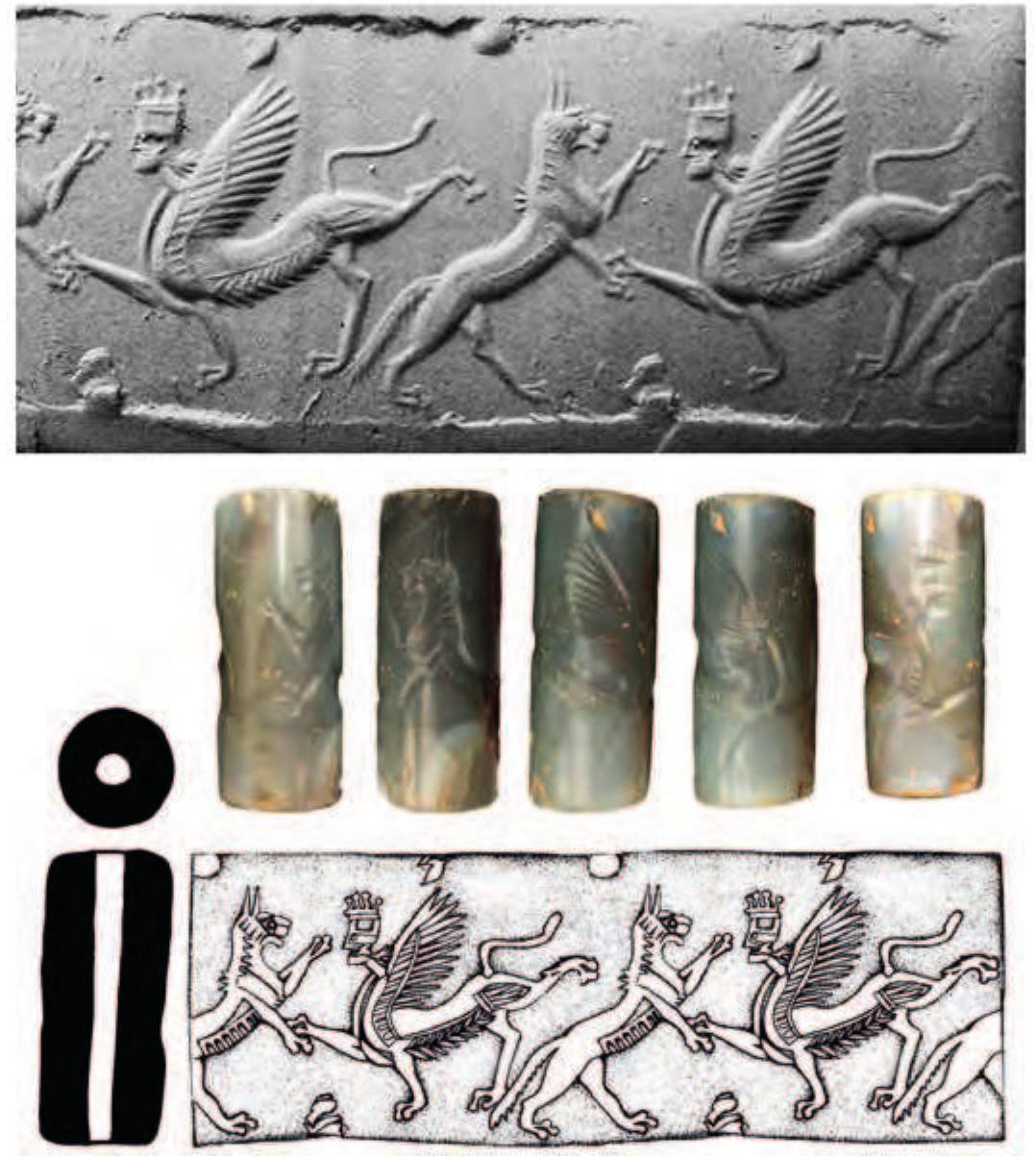 Fig. 67. The cylinder seal from Haji Khan Tappeh.  One of the most valuable finds from the Haji Khan Temple is a blue grey stone cylinder seal (Fig. 67). It was found during the final days of the excavations in one of the looters’ pits in the vicinity of Room 6. This seal is 4.2 cm high and 1.7 cm in diameter, with a 0.4 cm diameter vertical perforation. The image shows a human-headed winged lion with a special crown with four projecting vertical lines topped with drilled circles fight- ing a lion standing on its rear legs while raising its front legs. It is skilfully carved. Stylistically it is in a style typical of the reign of the Middle Assyrian king Tukulti-Ninurta 1 (1243-1207 BC) (Matthews 1990: 103). It is there- fore an heirloom from a much earlier period. It is tempting to suggest that this valuable object came into the possession of the Medes when they sacked the Assyrian cities at the end of the seventh century BC, but there is no way of confirming this hypothesis. 