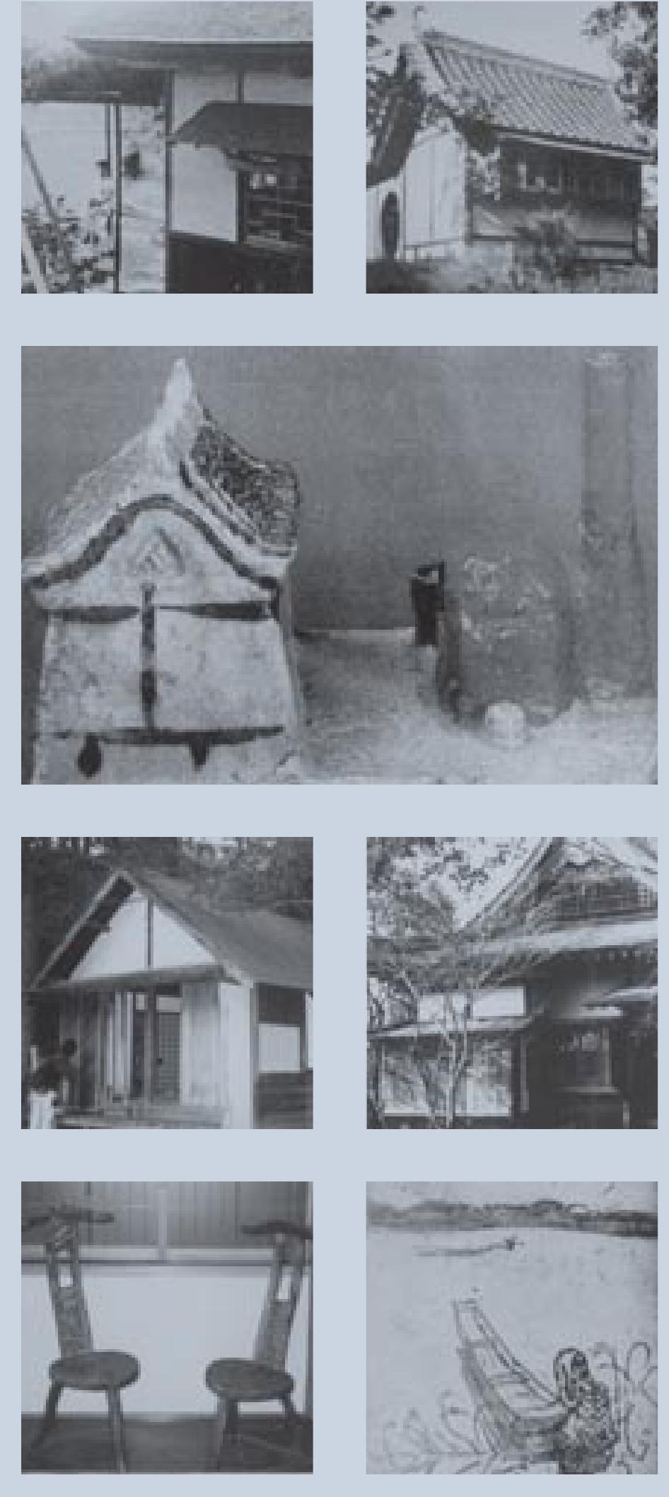 Leach at Abiko (clockwise from top left): a. Yanagi’s house overlooking Lake Teganuma | b. Leach’s “Chinese studio” with Leach seated at right | c. Leach’s Raku-ware model of Abiko studio and kiln | d. Shiga Naoya’s study  | e. “Korean house” at Murakawa villa| f. Leach chairs at the Murakawa  villa | g Leach’s “Teganuma” etching (detail) 