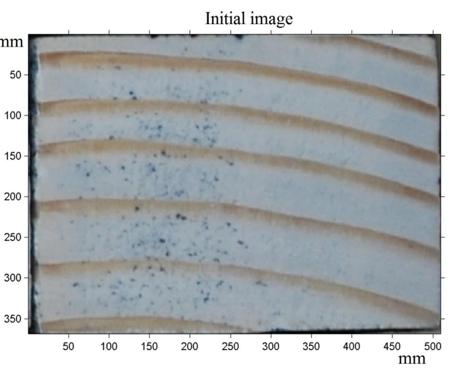 Figure 3. Capture of a cross-section. Step 1.  AVELAL LAL mye ULI GAULLUIDO.  The first step in applying the procedure was to cut and read the picture of the section in MATLAB (Figure 3, Step 1); then, the working area of the cropped image was marked by entering the coordinate of the four corners. This was necessary because the specimens were not placed for shooting even in the normal direction of the photographic lens, and the cut-out could only be done after a rectangle. By counting the pixels in this marked area, the total area in pixels resulted (Step 2). 
