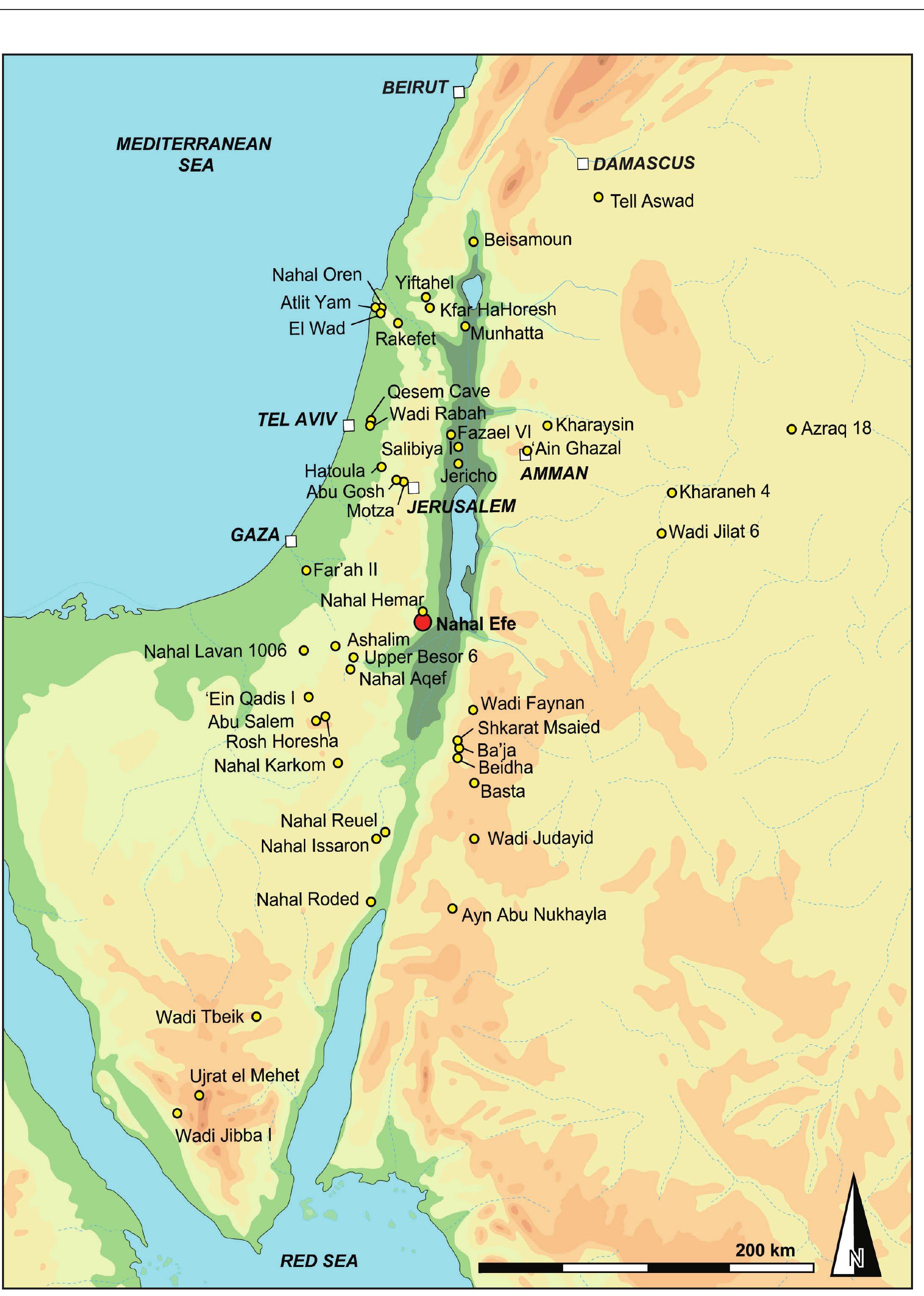 Hunting at the Fringe of the Desert: Animal Exploitation at Nahal Efe (northern Negev, Israel) during the Pre-Pottery Neolithic B  Fig. 1 — Map showing the location of Nahal Efe and other sites mentioned in the text (except for Tell Halula, which is located in the Northern Levant; map F. Borrell). 