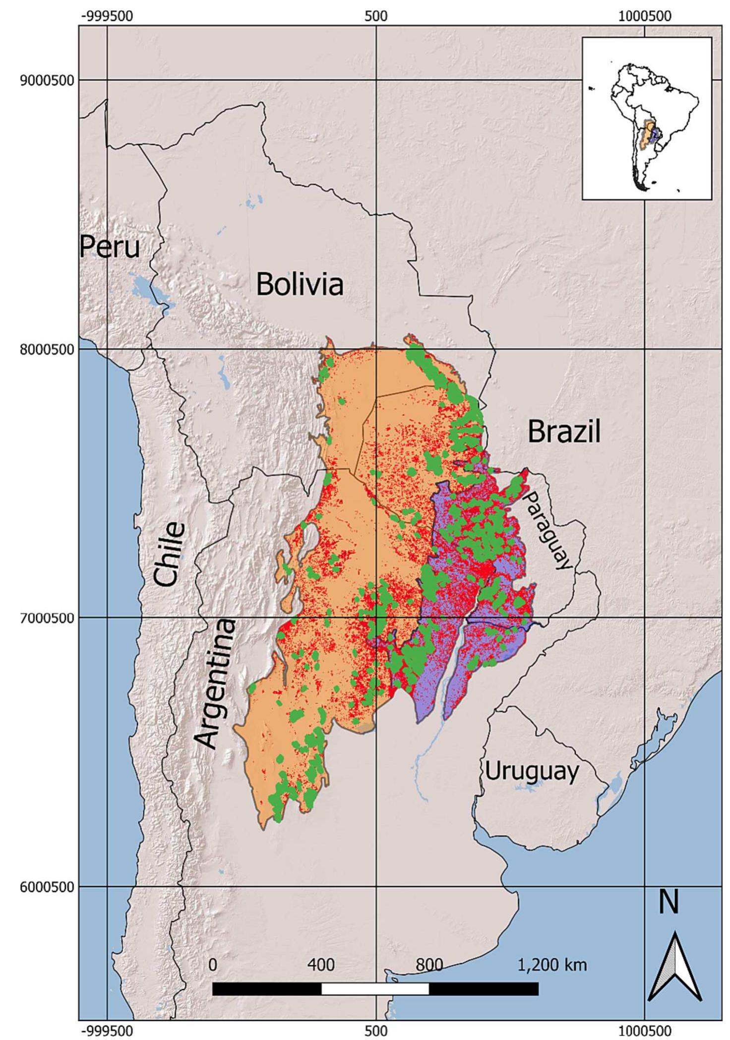 Simplified map of the gran chaco (in colour) on a map of