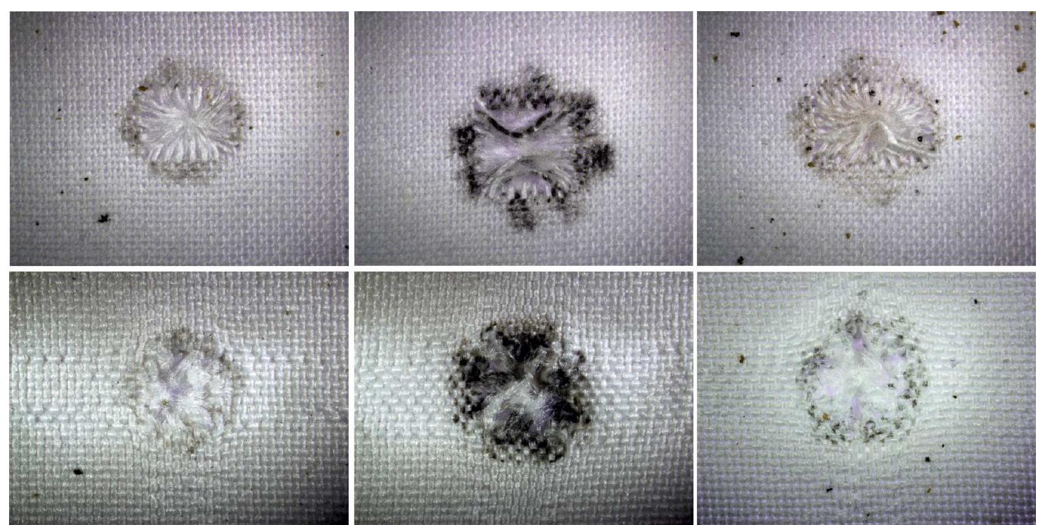 Figure 5. Deformation of fibres in shots from the TT (at 50 cm), PM (at 50 cm) and Glock 19 (at 50 cm) pistols on cotton cloth (upper) and on polyester cloth (lower). 