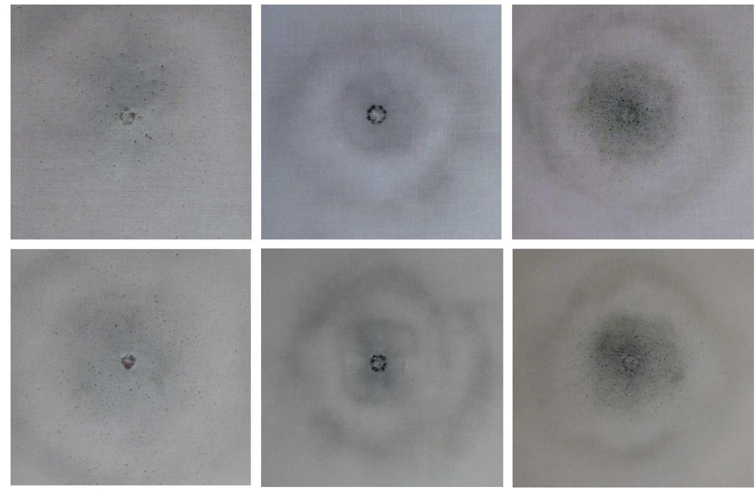 Figure 7. Bullet wipes in shots from the TT (at 25 cm), PM (at 15) and Glock 19 (at 10 cm) pistols on cotton cloth (upper) and on polyester cloth (lower).  Form of bullet wipe on cloth. The bullet wipe had four narrow and four wide sections for the PM and some shots from the TT. In the case of the Glock 19, it had the shape of a hexagonal or polygonal deposit or looked like a petal. The bullet wipe began to be distinguishable from the soot layer and was clearly visible in the case of the TT, starting at a firing distance of 15 cm (on some shots at 10 cm). The bullet wipe was distinguishable when fired from the PM starting at 5 cm (on some shots at 3 cm), and from the Glock 19 at 10 cm (on some shots at 5 cm). 
