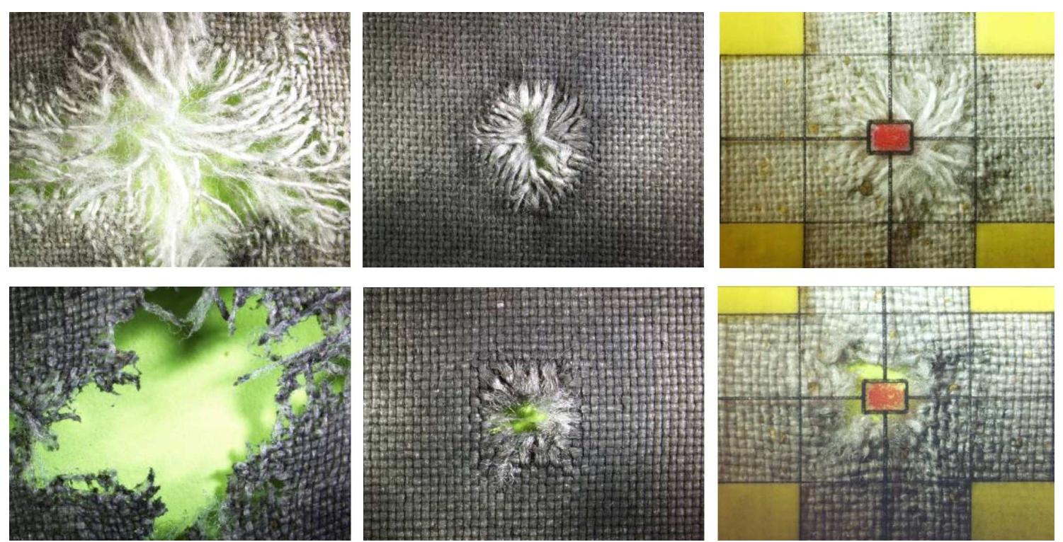 Figure 8. Bullet entrance holes fired from the TT, PM and Glock 19 (with 0.5 cm grids)  pistols at a firing distance of 3 cm on cotton cloth (upper) and on polyester cloth (lower). 