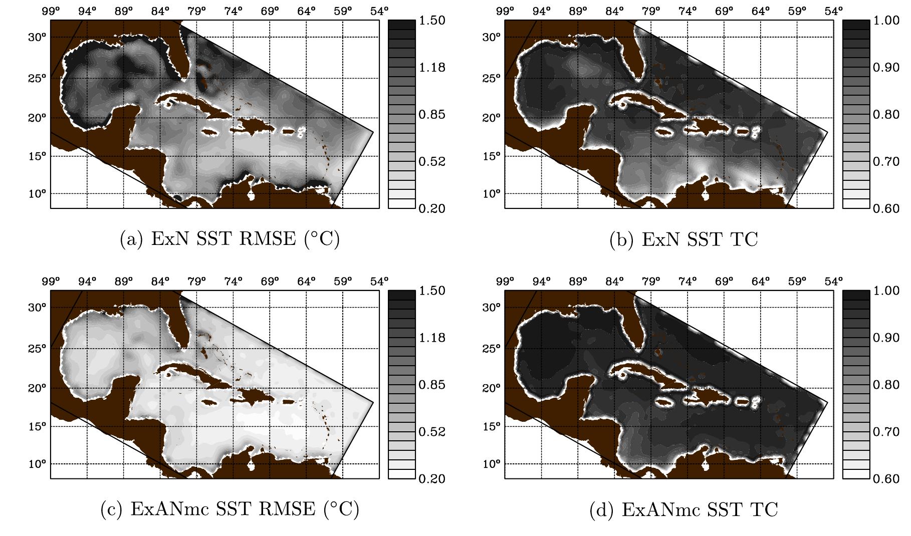 Spatial maps of sst rmse and tc for exn and exanmc.