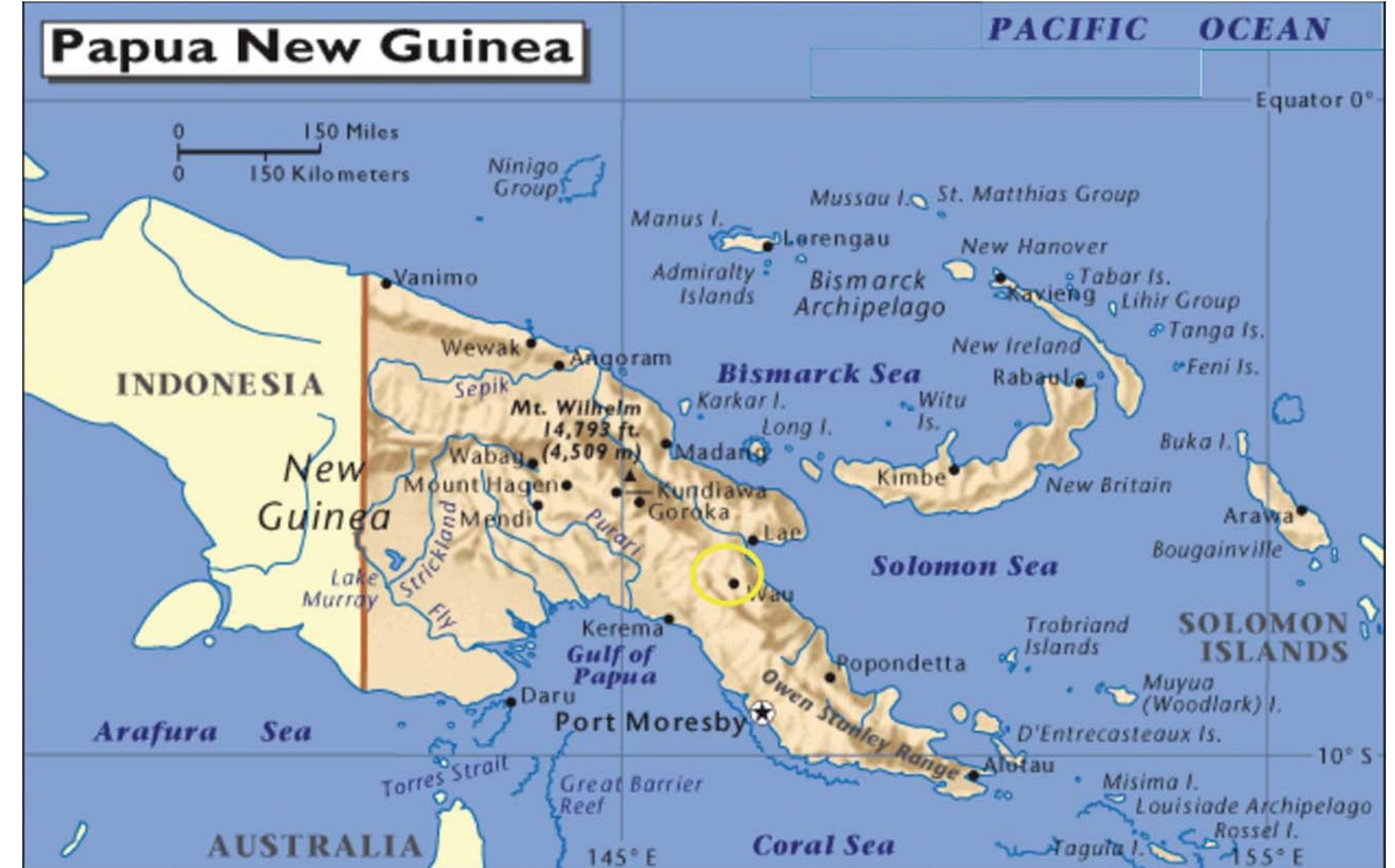 Map of papua new guinea. circled area represents the anga