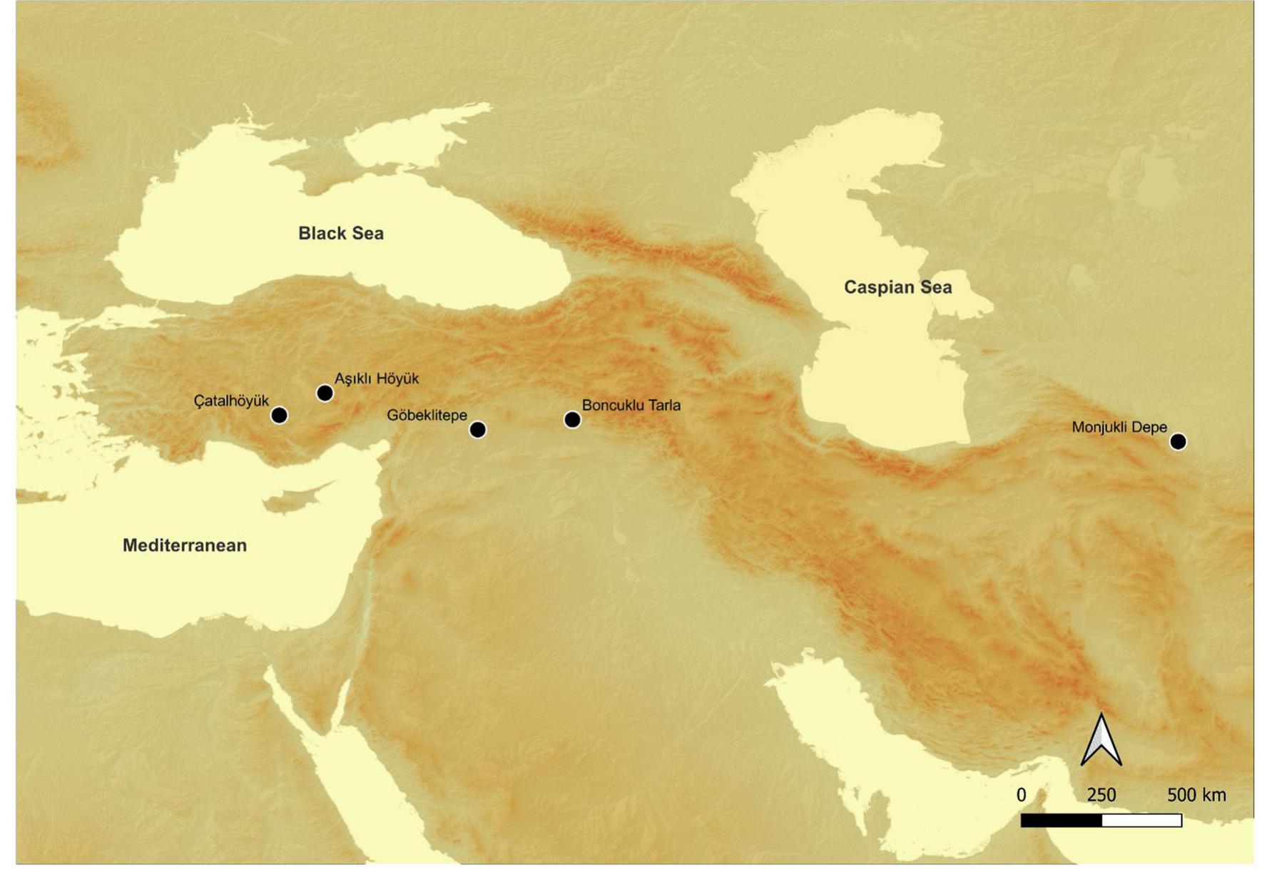Figure 1: Map of the study area, southwestern and central Asian region, including the location of the archaeological sites Asikli Hoyuk and Catalhéyuk in Central Anatolia, Boncuklu Tarla and Gébekli Tepe in Southeast Anatolia (Turkey), and Monjukli Depe (Turkmenistan) (prepared by M. Uzdurum in QGIS).  ii tinn © belies wae Aes  The built environment of humans always depended on locally available sources. Which plants, which  stones, which so  ils, and building experiences were available to create early earthen architecture? Was the  creation of earthen construction material related only to local environmental factors? Or were there also conditions in the human-environment-material triangle where socio-technological factors predominated? In  research studies  Anatolia), and M  mudbricks, mor  analyses in the  his contribution, we will demonstrate the challenges and potential for innovative and comparative in-depth  on Neolithic earthen architecture in southwestern and central Asia based on interdisciplinary  approaches and the use of architectural, microstratigraphic as well as microarchaeological analyses based on finds from Asikhi Hoyiik, Catalhoytik (both in central Anatolia), Boncuklu Tarla, Gdbekli Tepe (southeastern  onjukli Depe (central Asia) (Figure 1). This study provides insight into earthen materials and  heir past, present, and future potential through the range of case studies and materials analysed including  ars, plasters, floors, occupation deposits, and roofs. For this purpose, the results obtained  from the earthen architectural sites in different geographical regions (all these sites are placed along the atitude of 37° north though) were brought together including the macrostratigraphic analyses, architectural  field, and microarchaeological analyses including micromorphology, particle size analysis,  calcimeter, and inductively coupled plasma optical emission spectroscopy (ICP-OES) analyses in particular of P  and Ca. Case stu  dies are presented according to geographical regions (from western to eastern) where dif-  ferent Neolithisa chronologically.  ion processes were experienced. Settlements, which are located in the same region, are given 